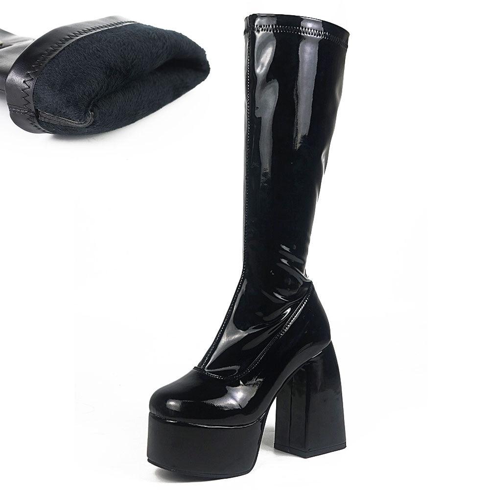 Gothic Chunky High Heels Platform Shoes Brand Long Boots