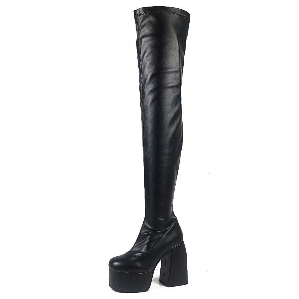 Gothic Chunky High Heels Platform Shoes Brand Long Boots