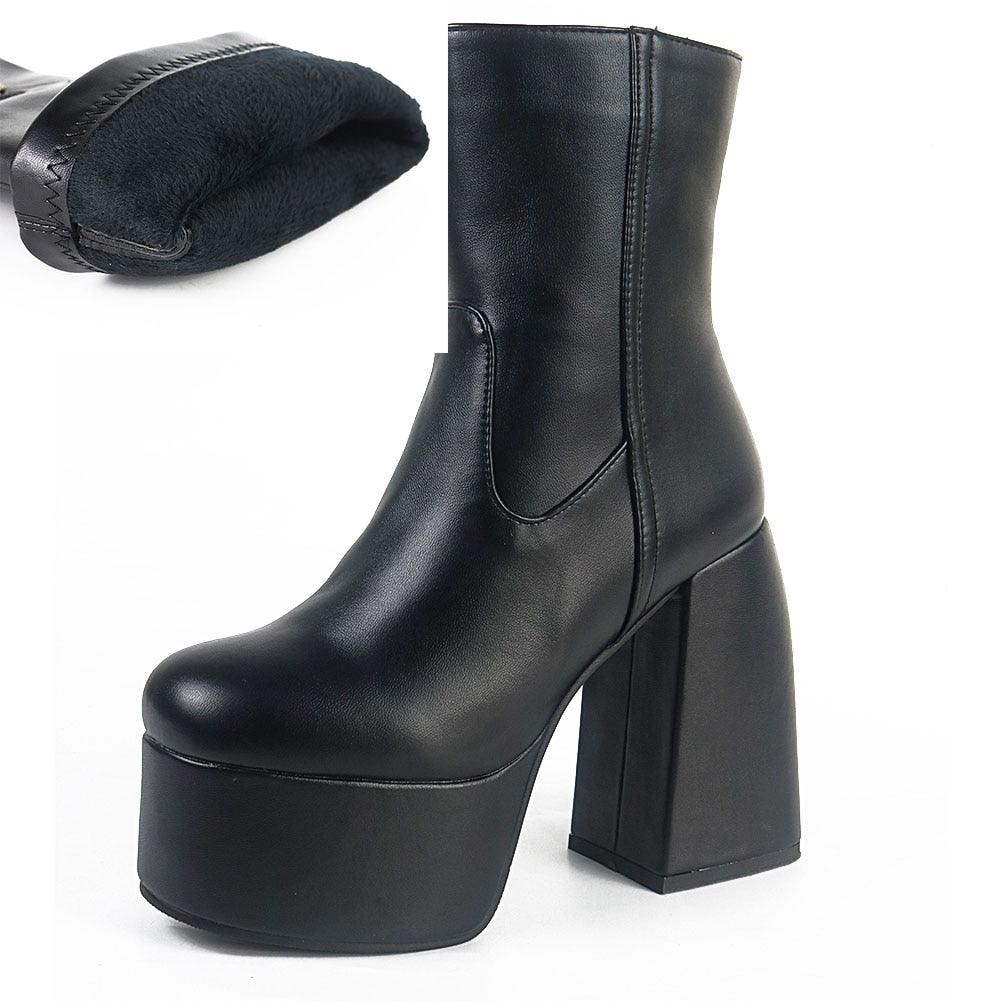 Gothic Chunky High Heels Platform Shoes Brand Long Boots