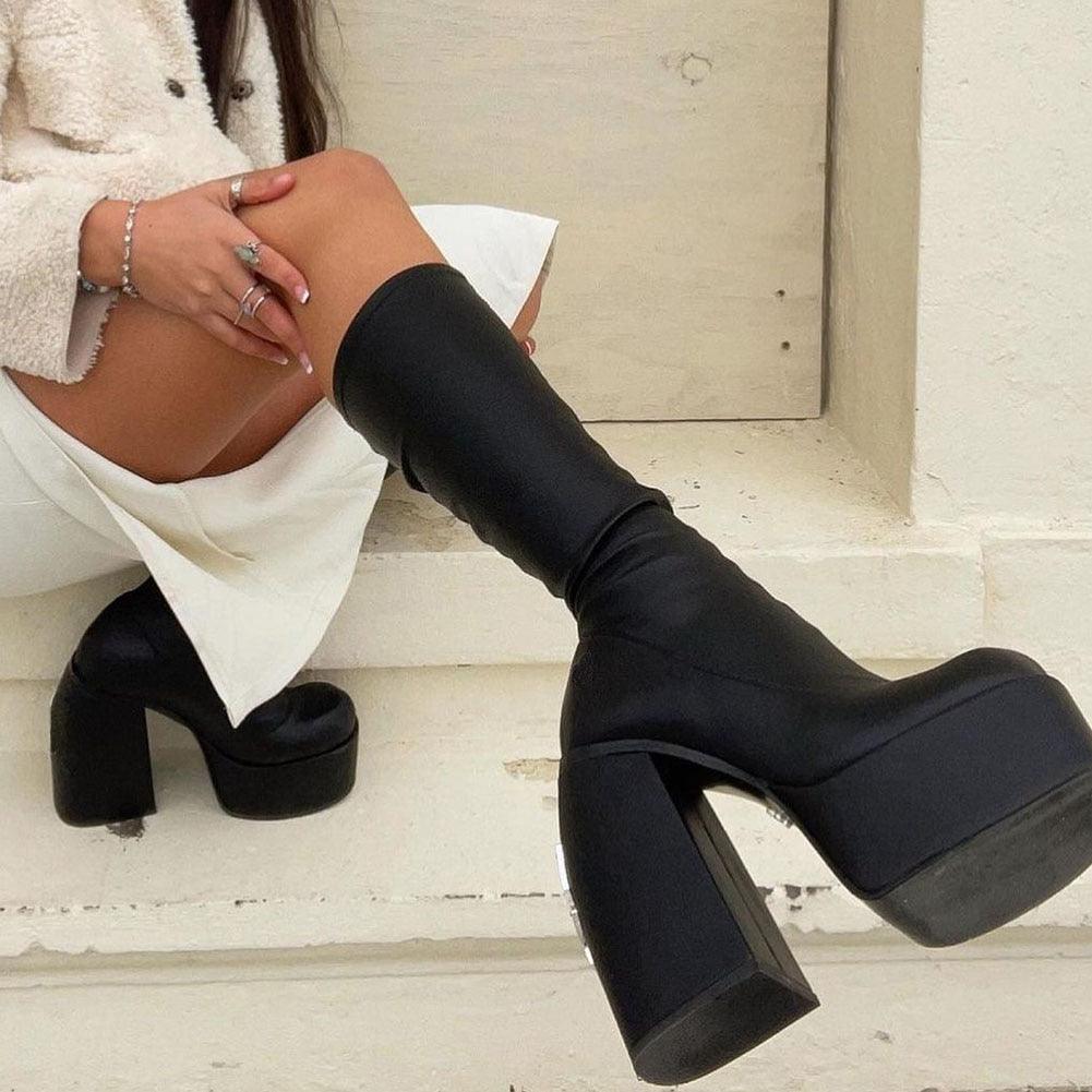 Gothic Chunky High Heels Platform Shoes Brand Long Boots