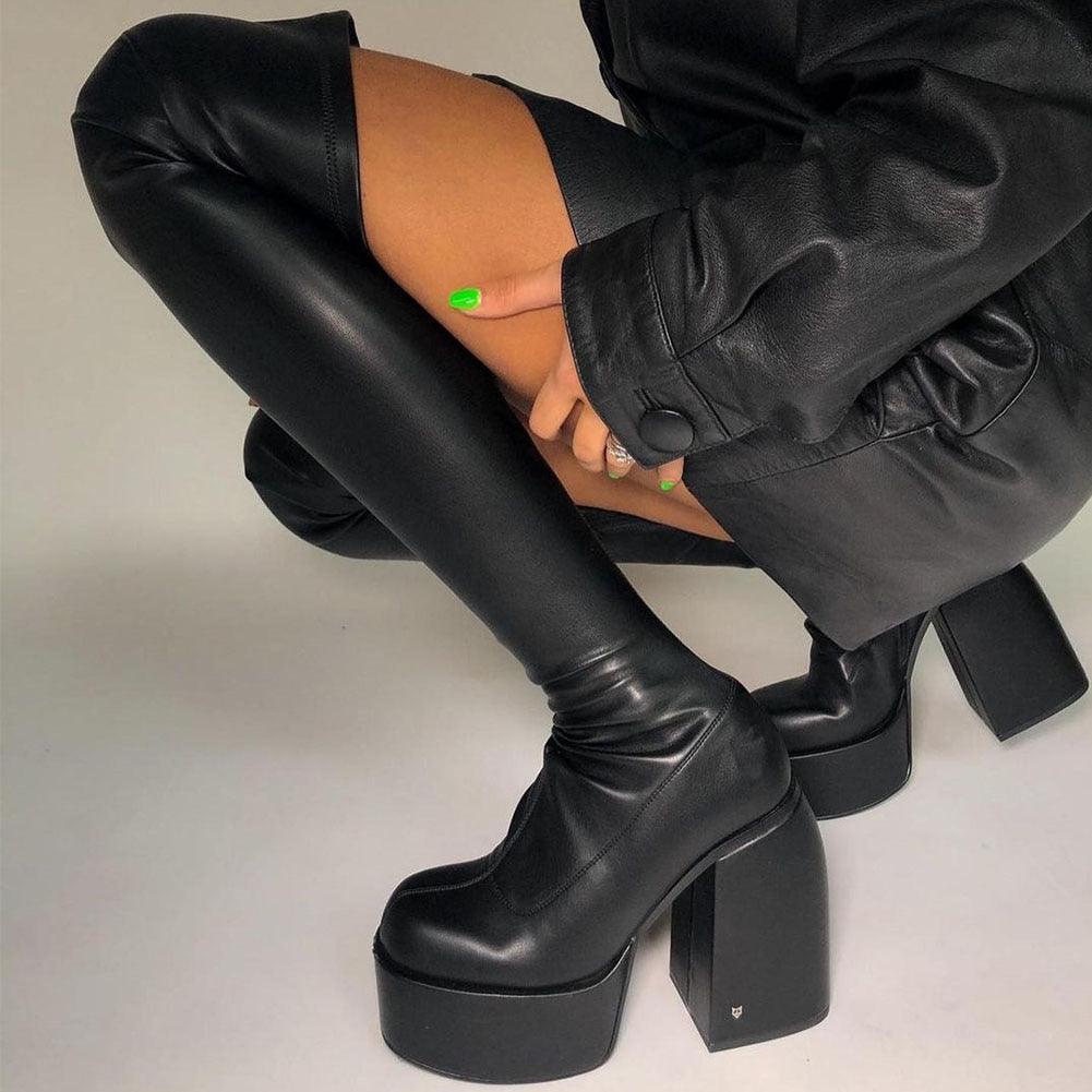 Gothic Chunky High Heels Platform Shoes Brand Long Boots