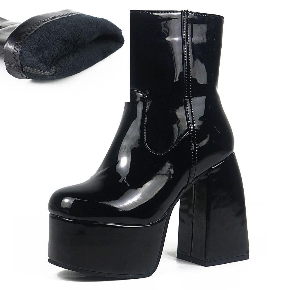 Gothic Chunky High Heels Platform Shoes Brand Long Boots