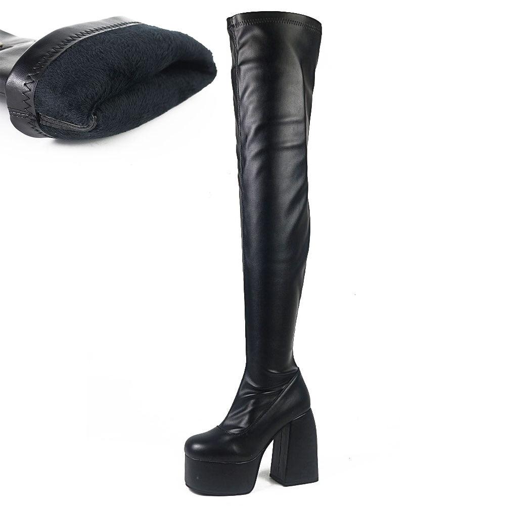 Gothic Chunky High Heels Platform Shoes Brand Long Boots