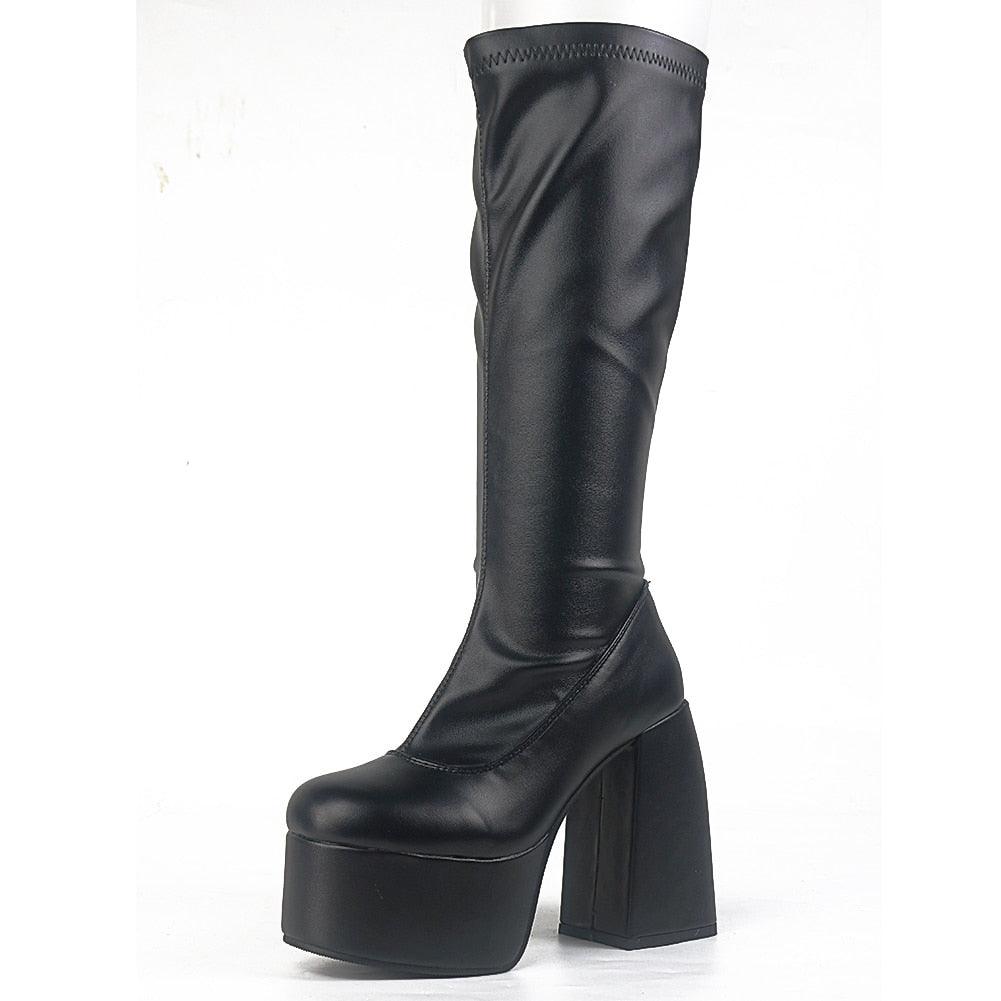 Gothic Chunky High Heels Platform Shoes Brand Long Boots