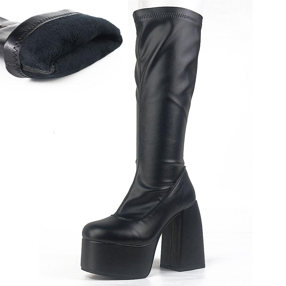 Gothic Chunky High Heels Platform Shoes Brand Long Boots