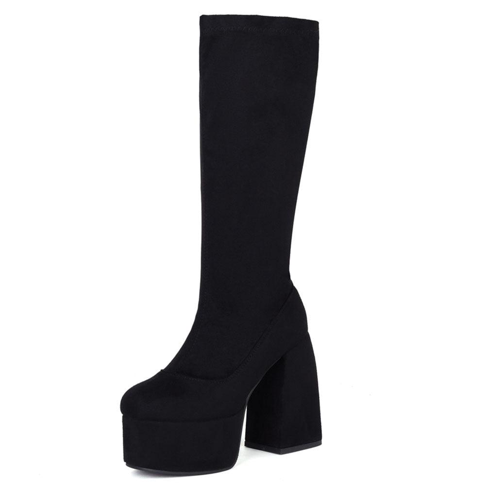 Gothic Chunky High Heels Platform Shoes Brand Long Boots