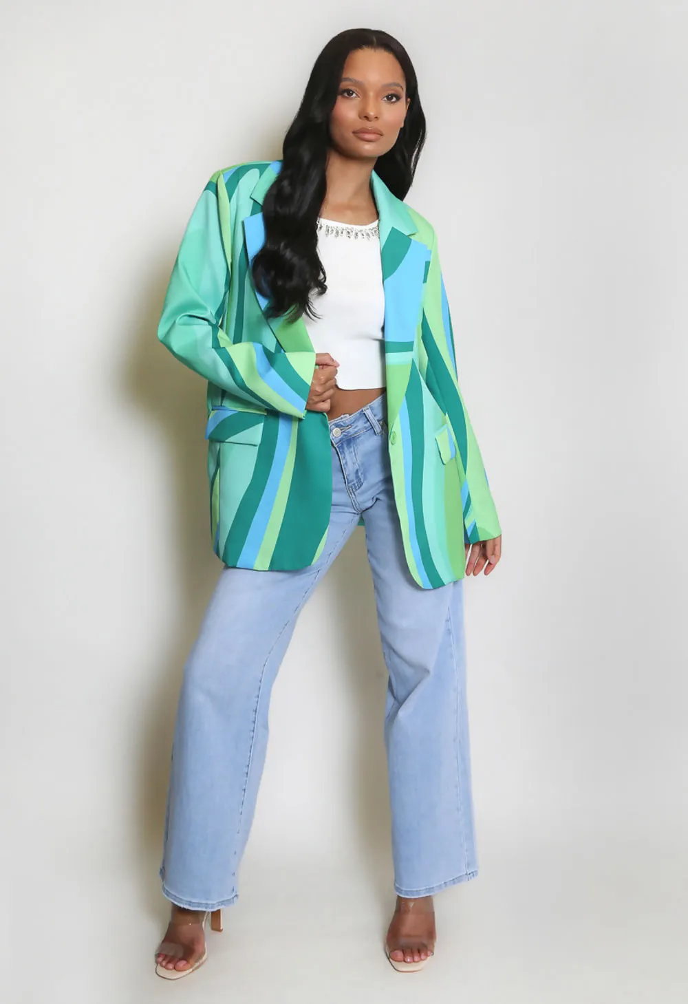 Green Multicolour Printed Double Breasted Blazer