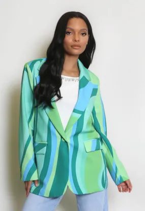 Green Multicolour Printed Double Breasted Blazer