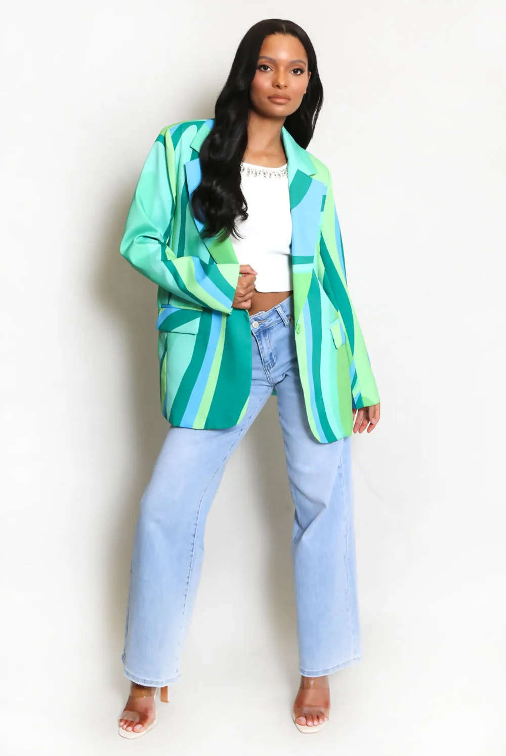 Green Multicolour Printed Double Breasted Blazer