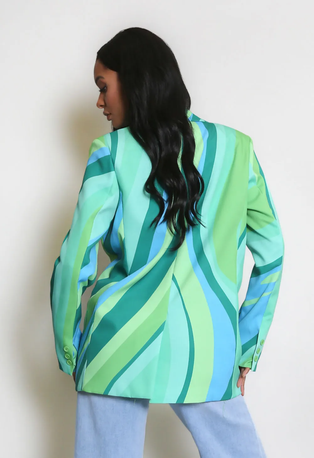 Green Multicolour Printed Double Breasted Blazer