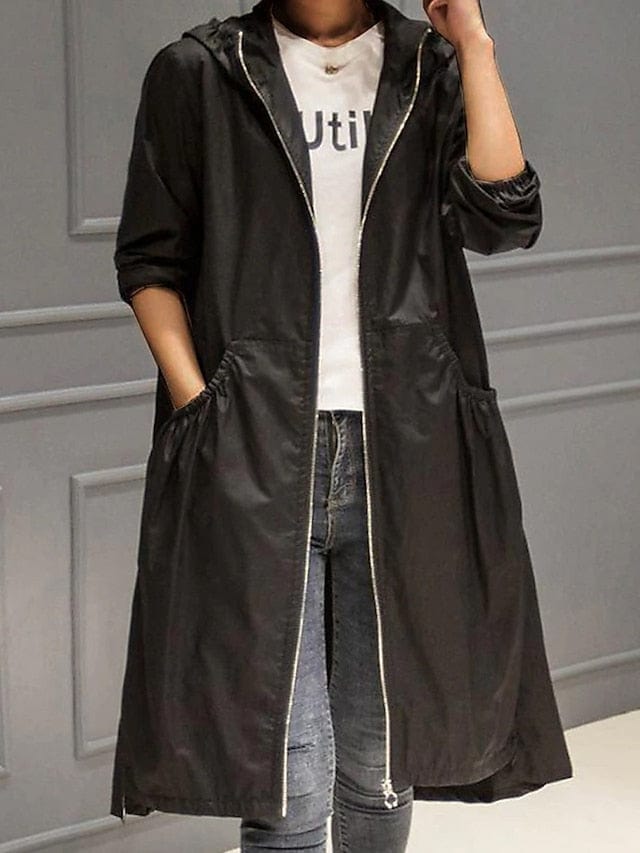 Hooded Zip-up Trench Coat for Women - Black Long Sleeve Windproof Jacket