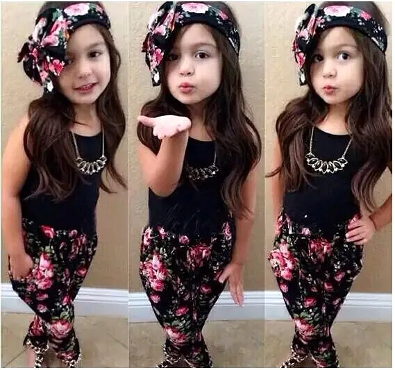 Hot Summer Kids Girls Clothes Sleeveless Vest Floral Pants Scarf Children Fashion Style 3PCS Baby Girl Clothing Sets Outfits S13