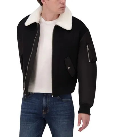 Hudson Jeans Outerwear Hudson Jeans Men's Wool Bomber Jacket With Nylon Sleeves And Faux Shearling Collar