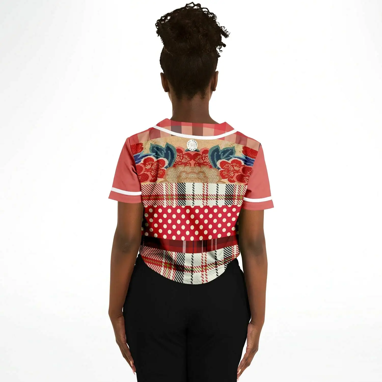 Jersey Salsa Floral Plaid Patchwork Cropped Button Front Jersey