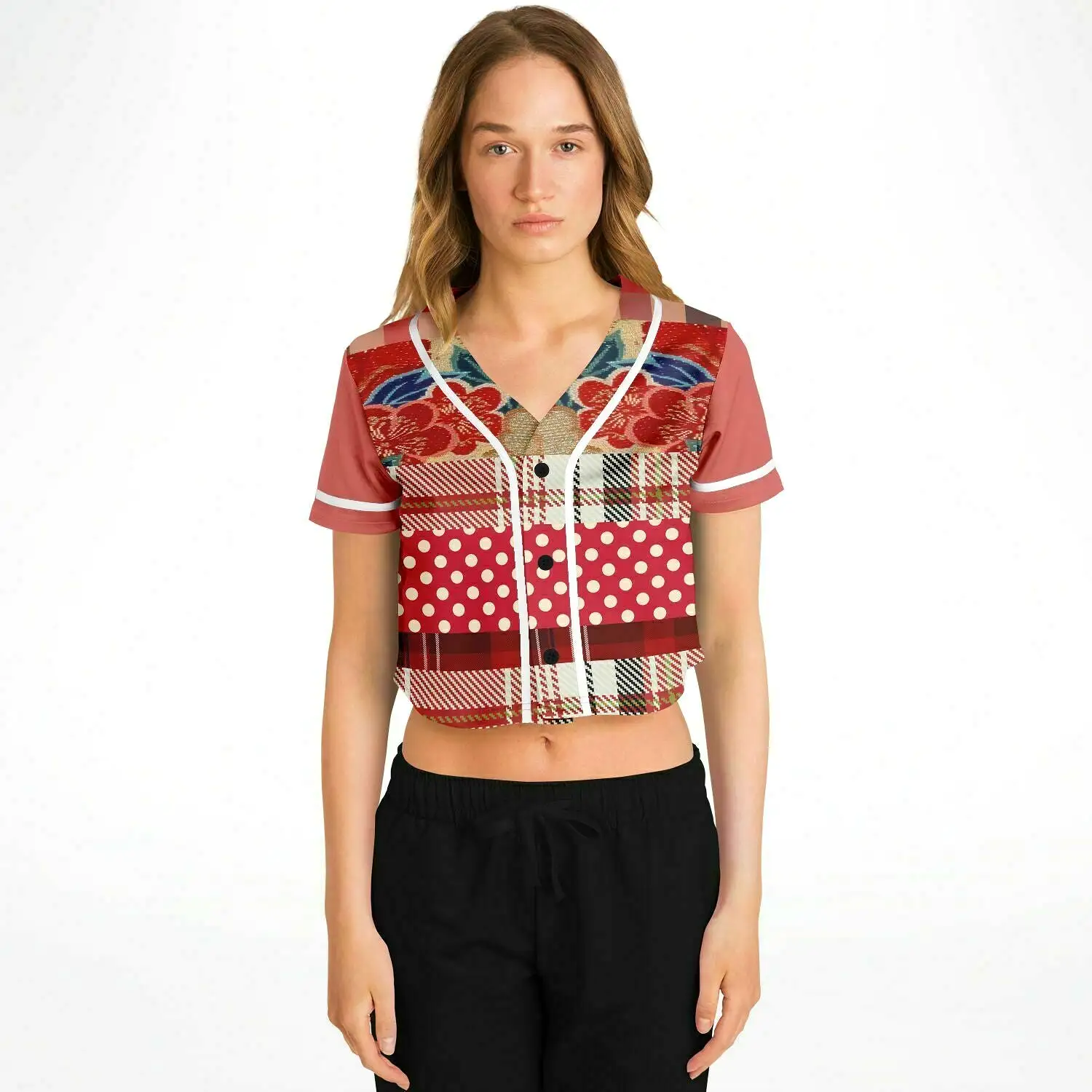 Jersey Salsa Floral Plaid Patchwork Cropped Button Front Jersey