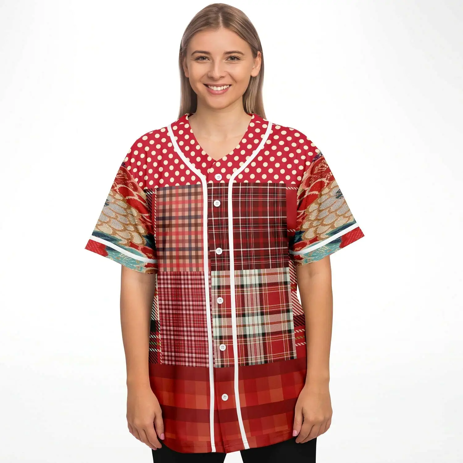 Jersey Salsa Plaid Patchwork Button Front Jersey