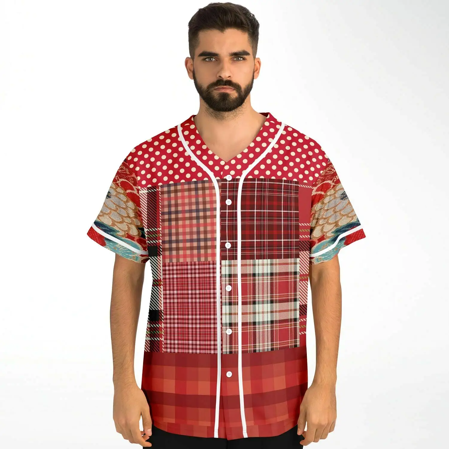 Jersey Salsa Plaid Patchwork Button Front Jersey