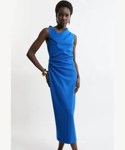 Karen Millen Structured Crepe Full Skirted Tailored Asymmetrical Maxi Dress