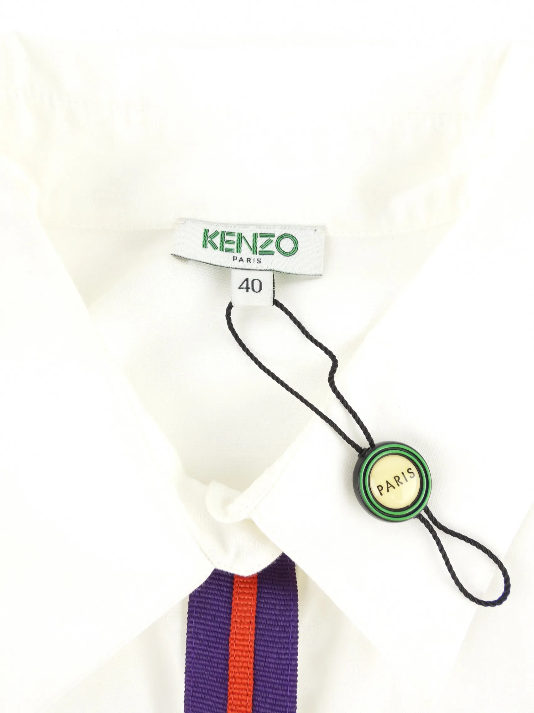 Kenzo White Cotton Purple and Red Trim Ruffle Sleeve Drawstring Waist Midi Dress - 40