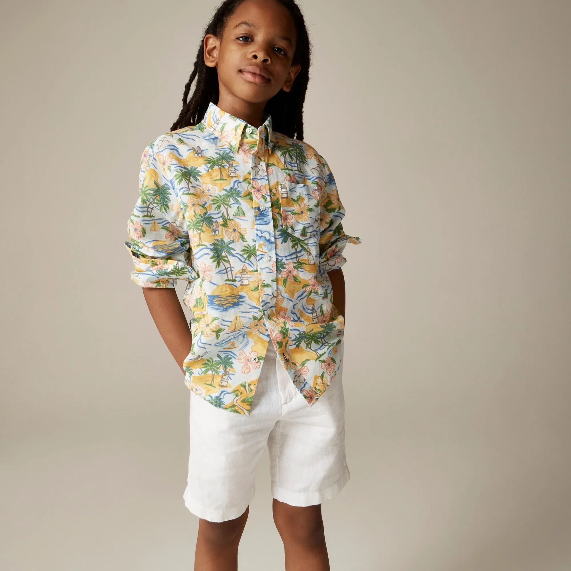 Kids' linen-blend button-down shirt with sleeve tabs