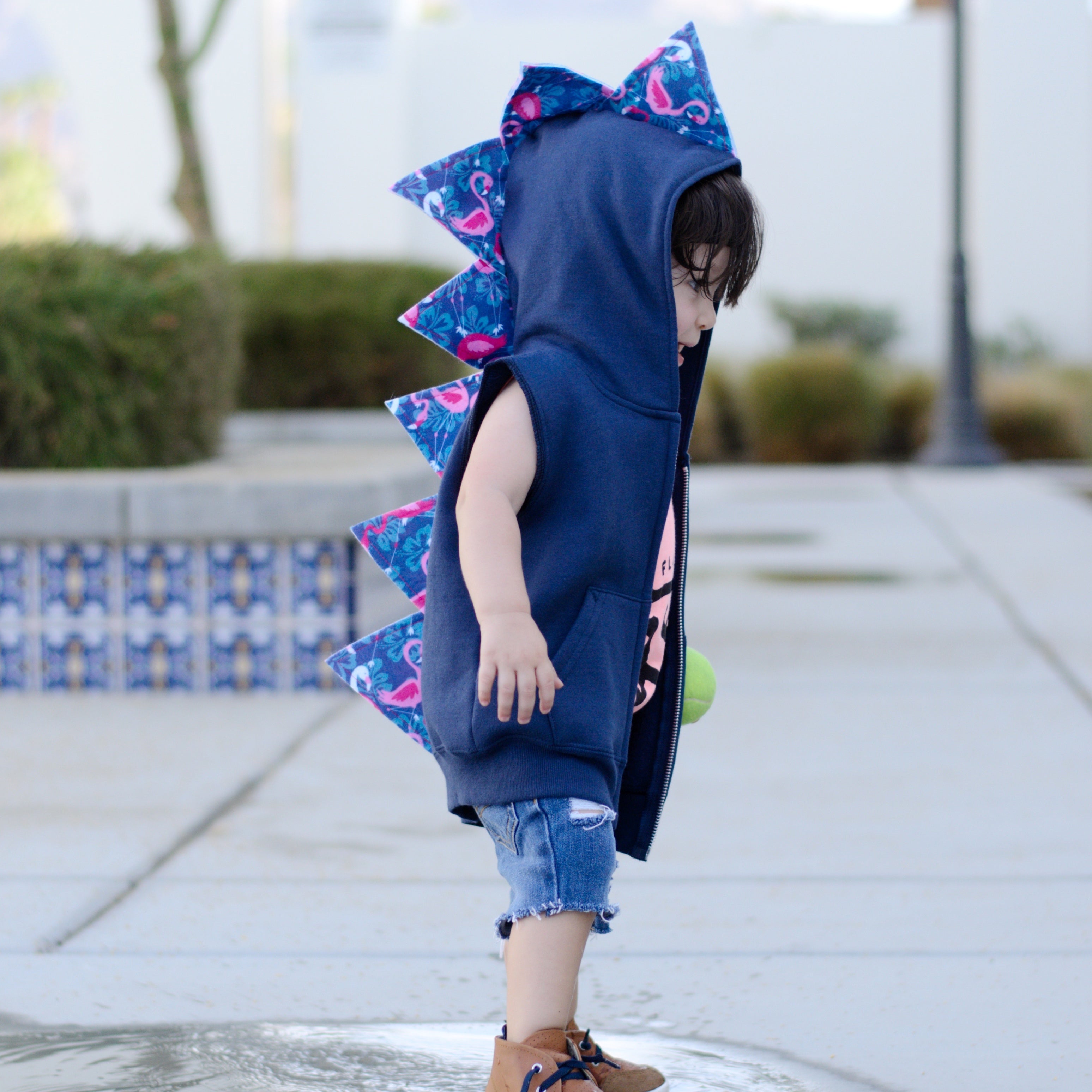 Kids Navy Blue Dinosaur Hoodie - Pink Flamingos