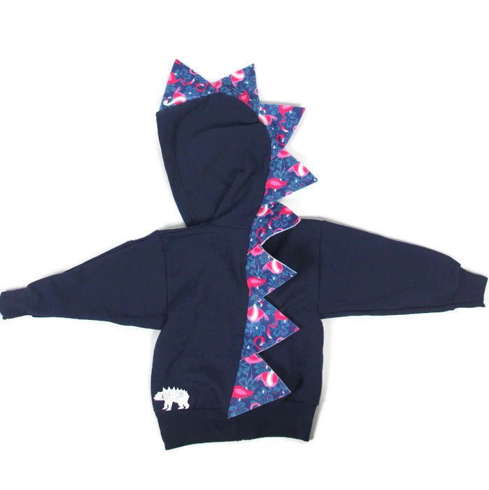 Kids Navy Blue Dinosaur Hoodie - Pink Flamingos