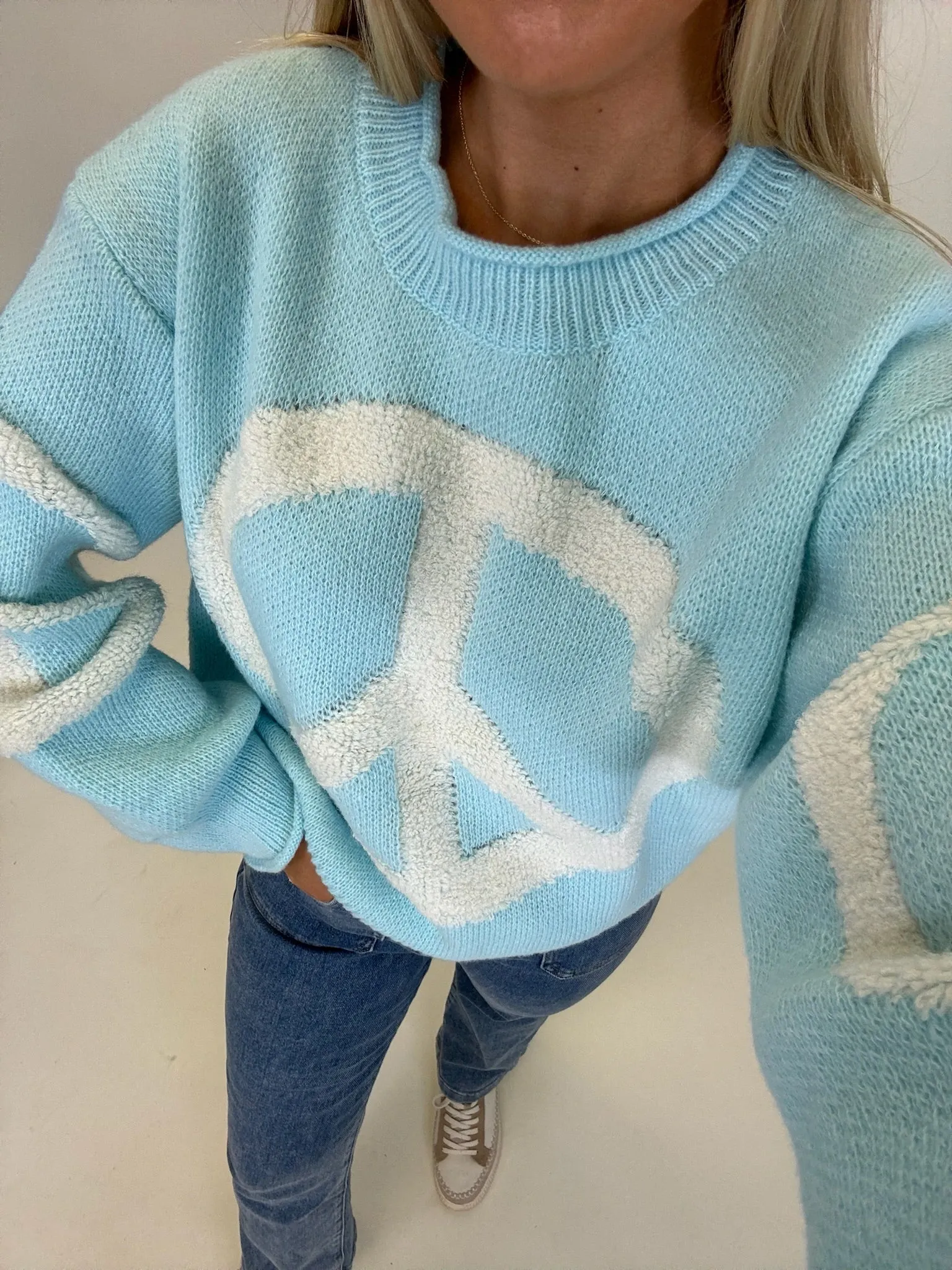 Lake Blue Round Neck Long Sleeve Peace Patch Sweater