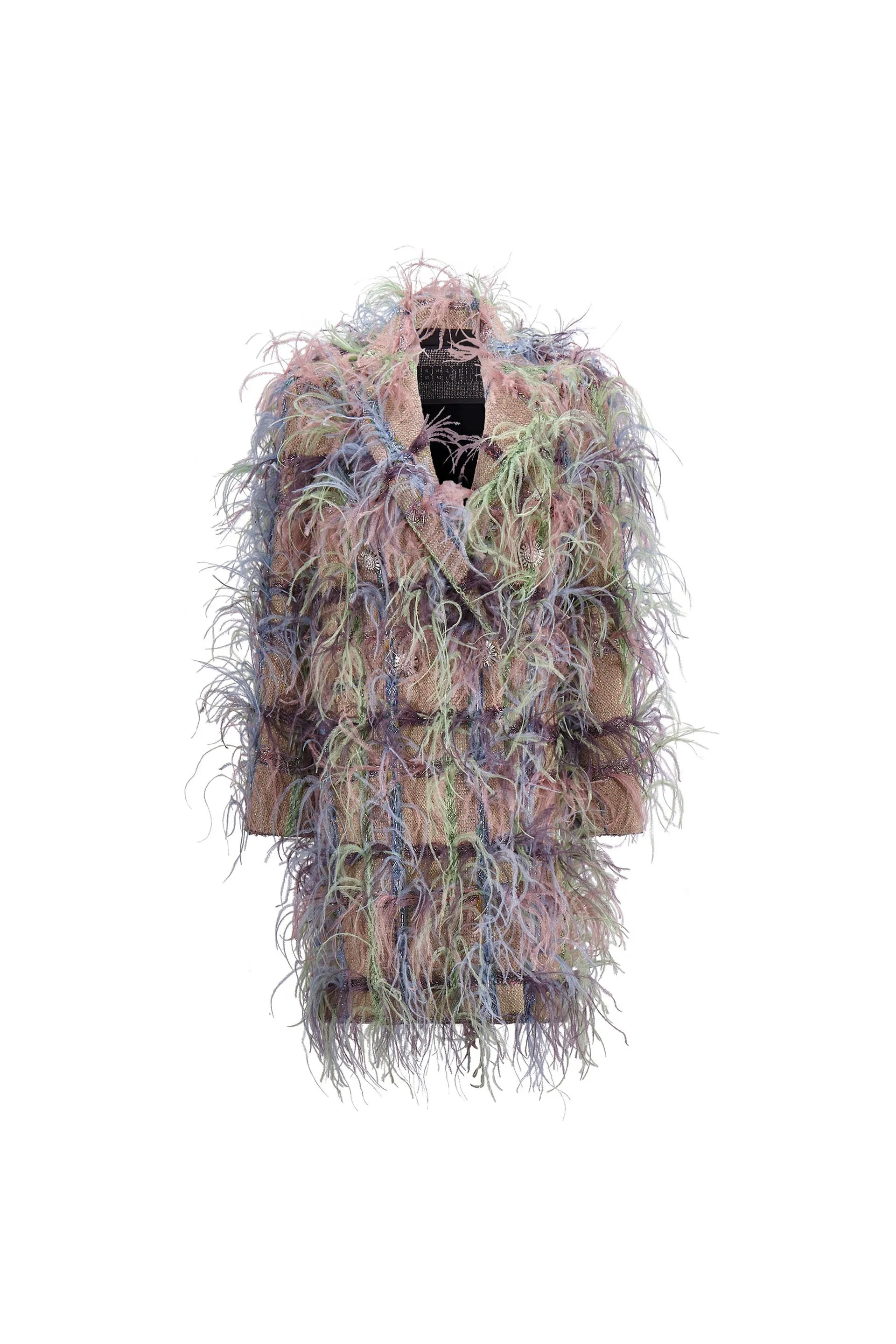 'Lakmé' FAWN BOUCLE DOUBLE BREASTED COAT WITH FEATHERS