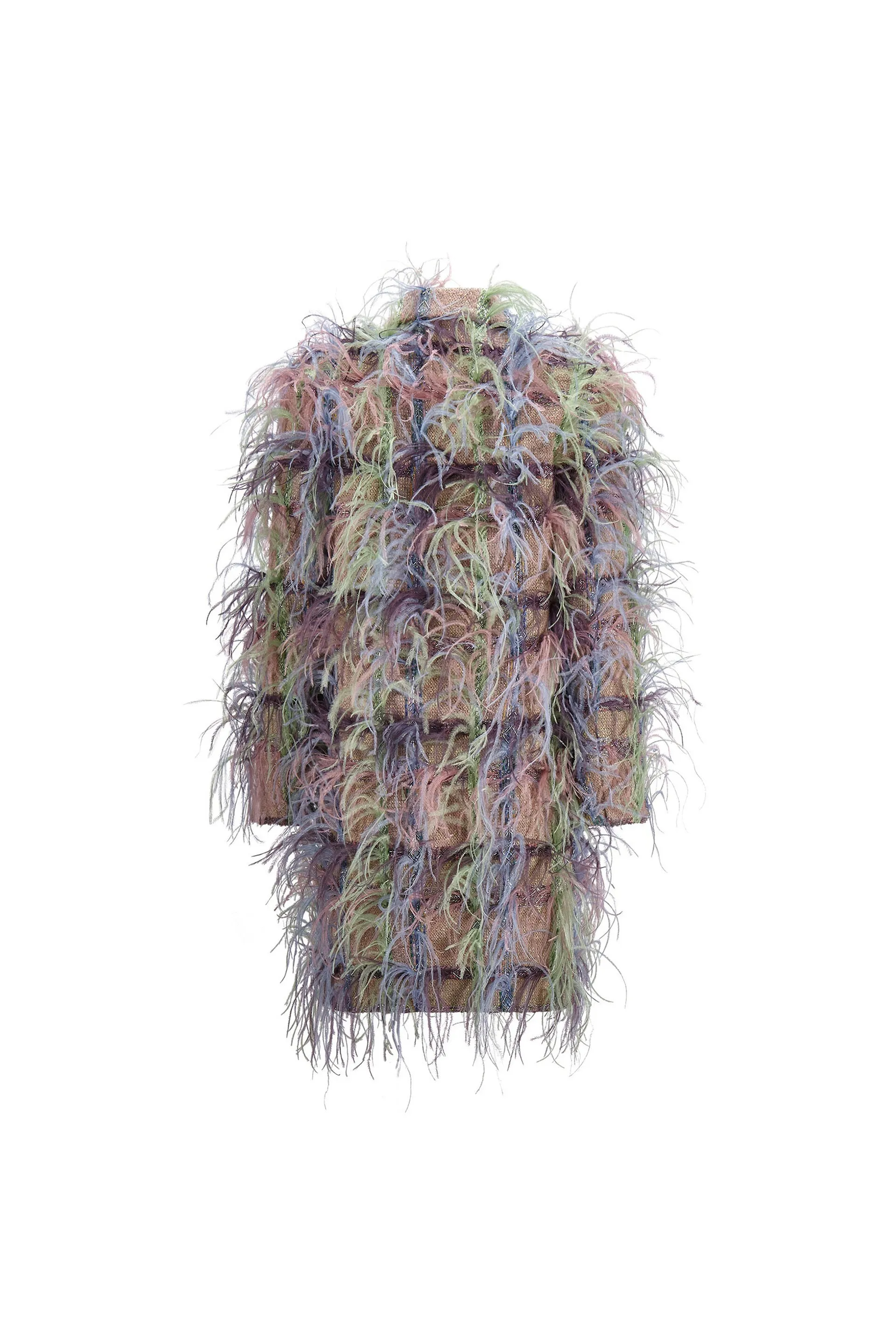 'Lakmé' FAWN BOUCLE DOUBLE BREASTED COAT WITH FEATHERS