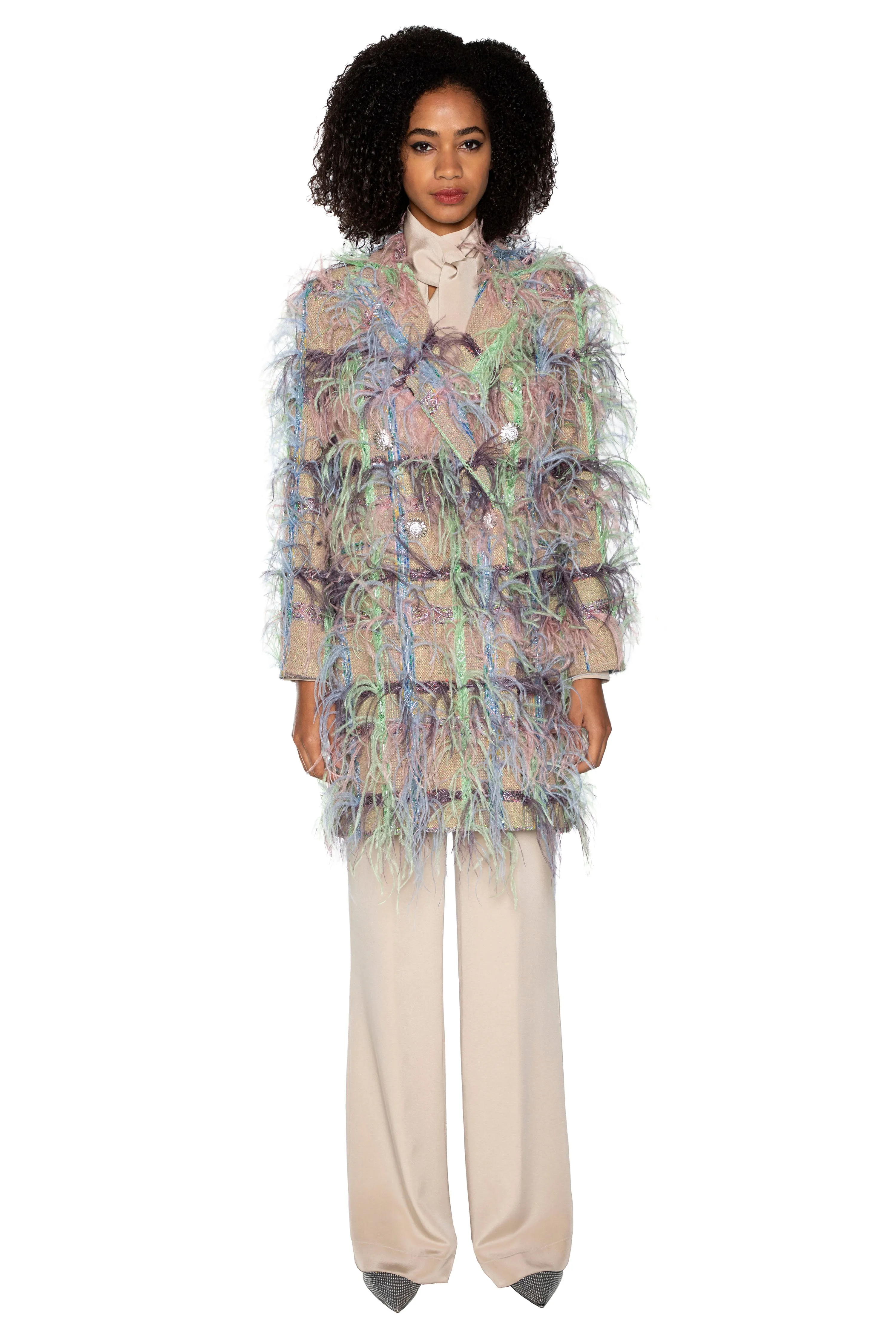 'Lakmé' FAWN BOUCLE DOUBLE BREASTED COAT WITH FEATHERS