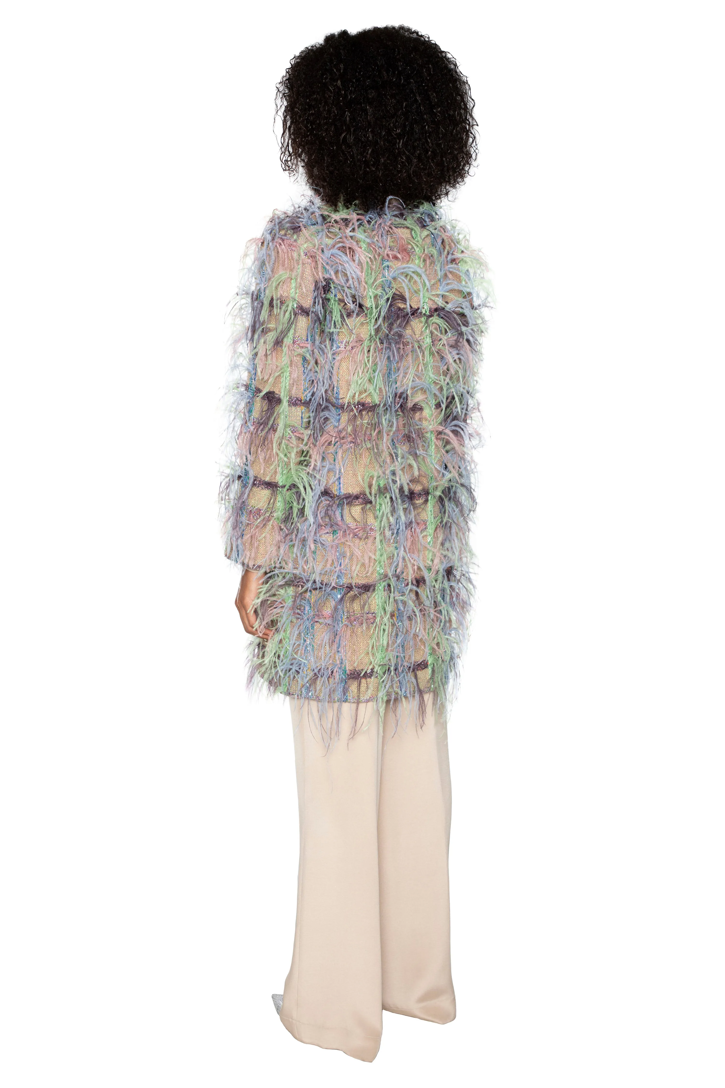 'Lakmé' FAWN BOUCLE DOUBLE BREASTED COAT WITH FEATHERS