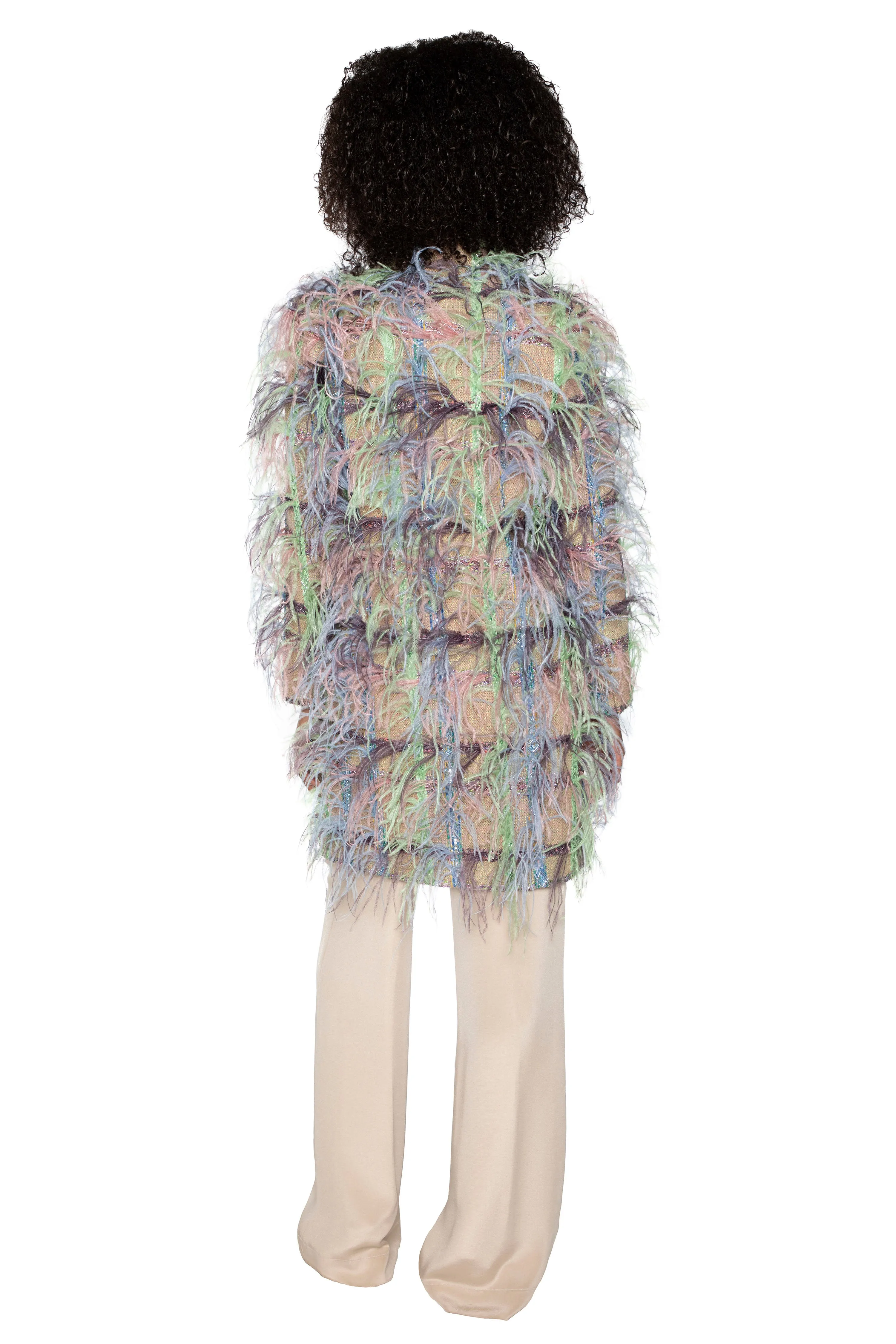 'Lakmé' FAWN BOUCLE DOUBLE BREASTED COAT WITH FEATHERS