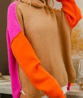 Latte/Orange/Magenta Turtleneck Oversized Sweater