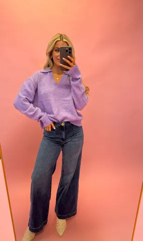 Lavender Collared V-Neck Cropped Sweater