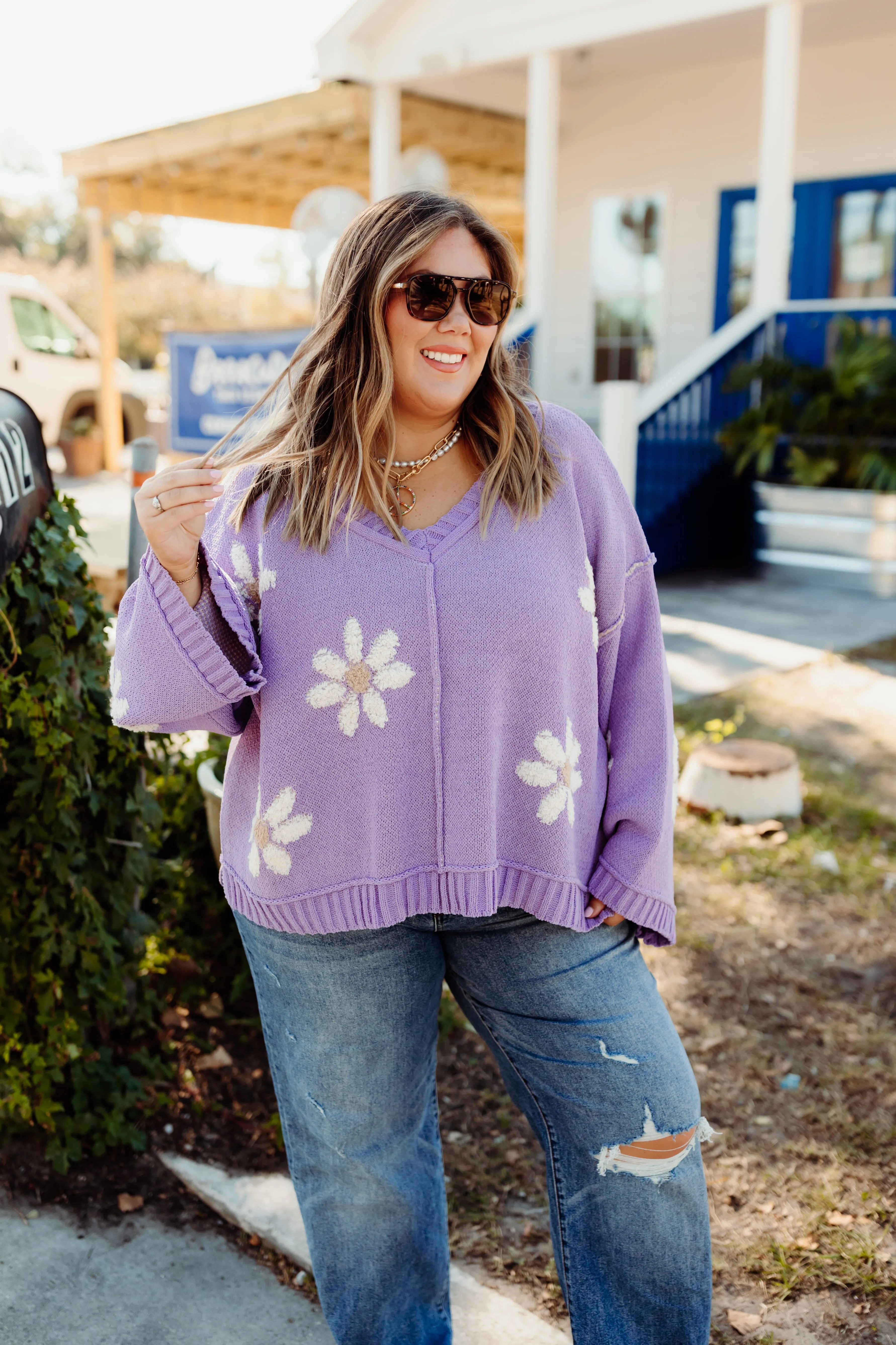 Lavender Floral Knit Oversized Sweater