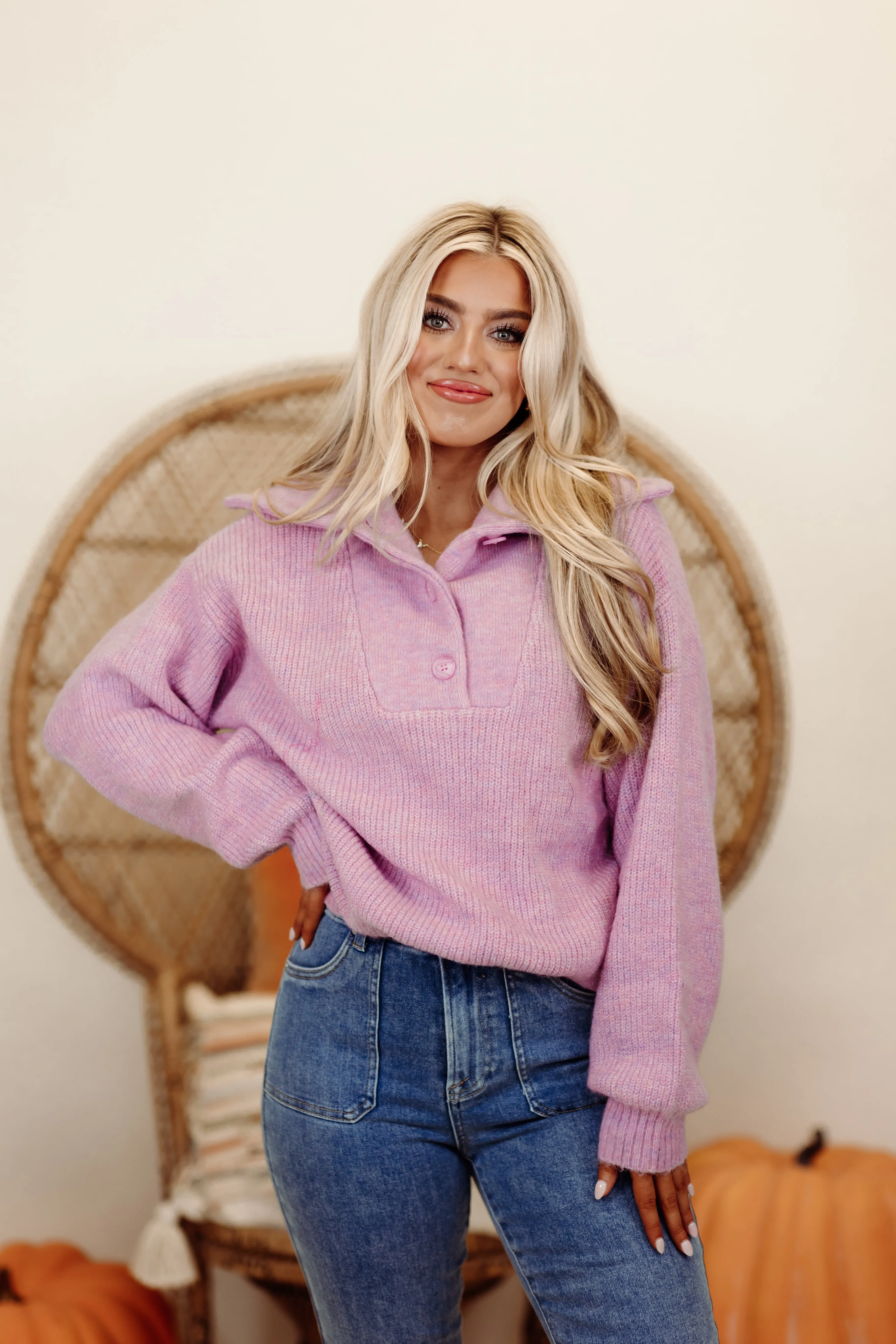 Lavender Long Sleeve Button Detail Knit Sweater