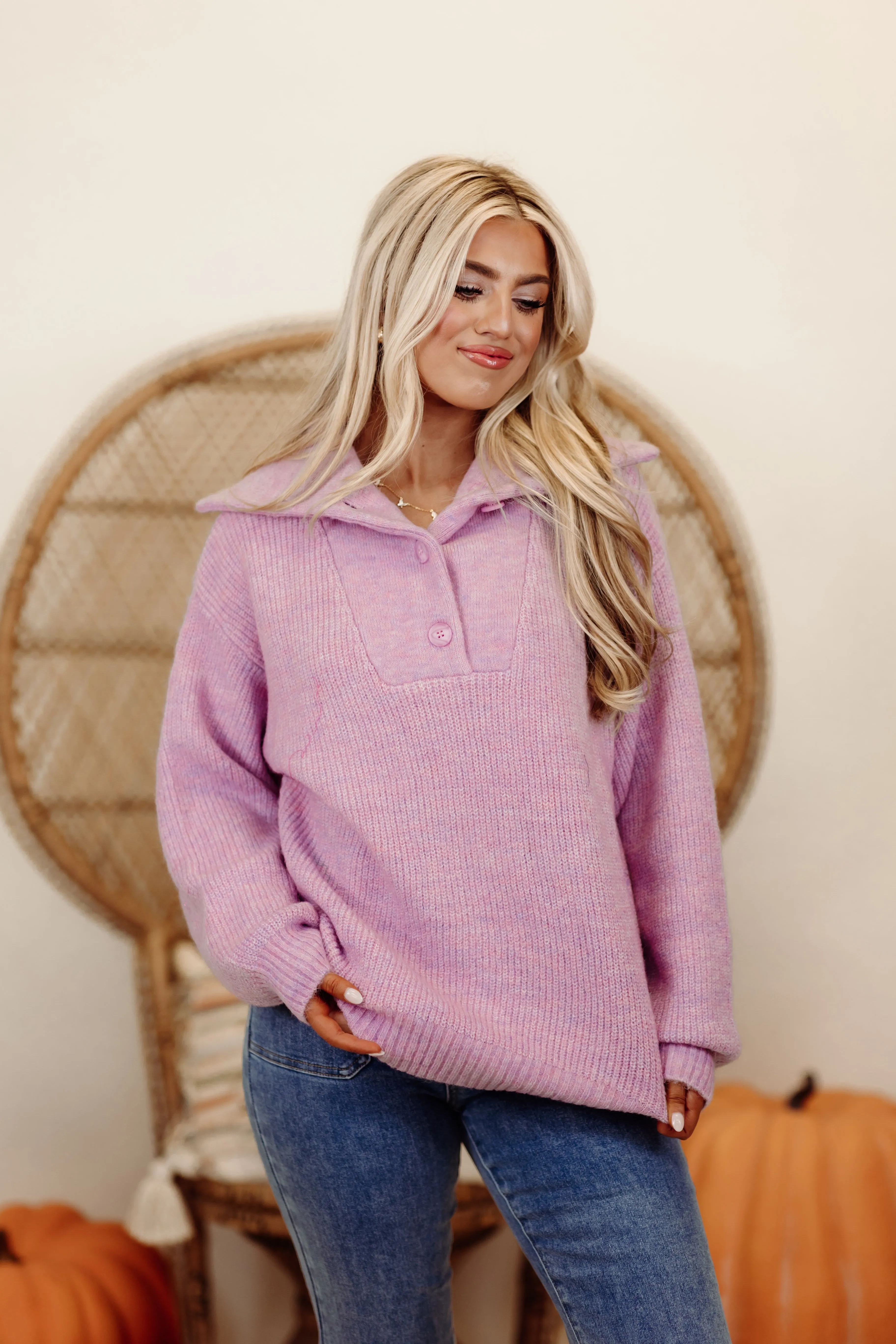 Lavender Long Sleeve Button Detail Knit Sweater