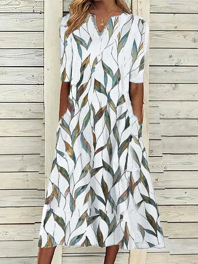 Leaf Print V Neck Midi Dress for Women