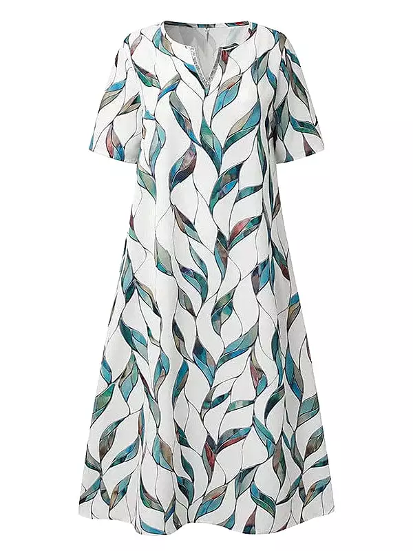 Leaf Print V Neck Midi Dress for Women