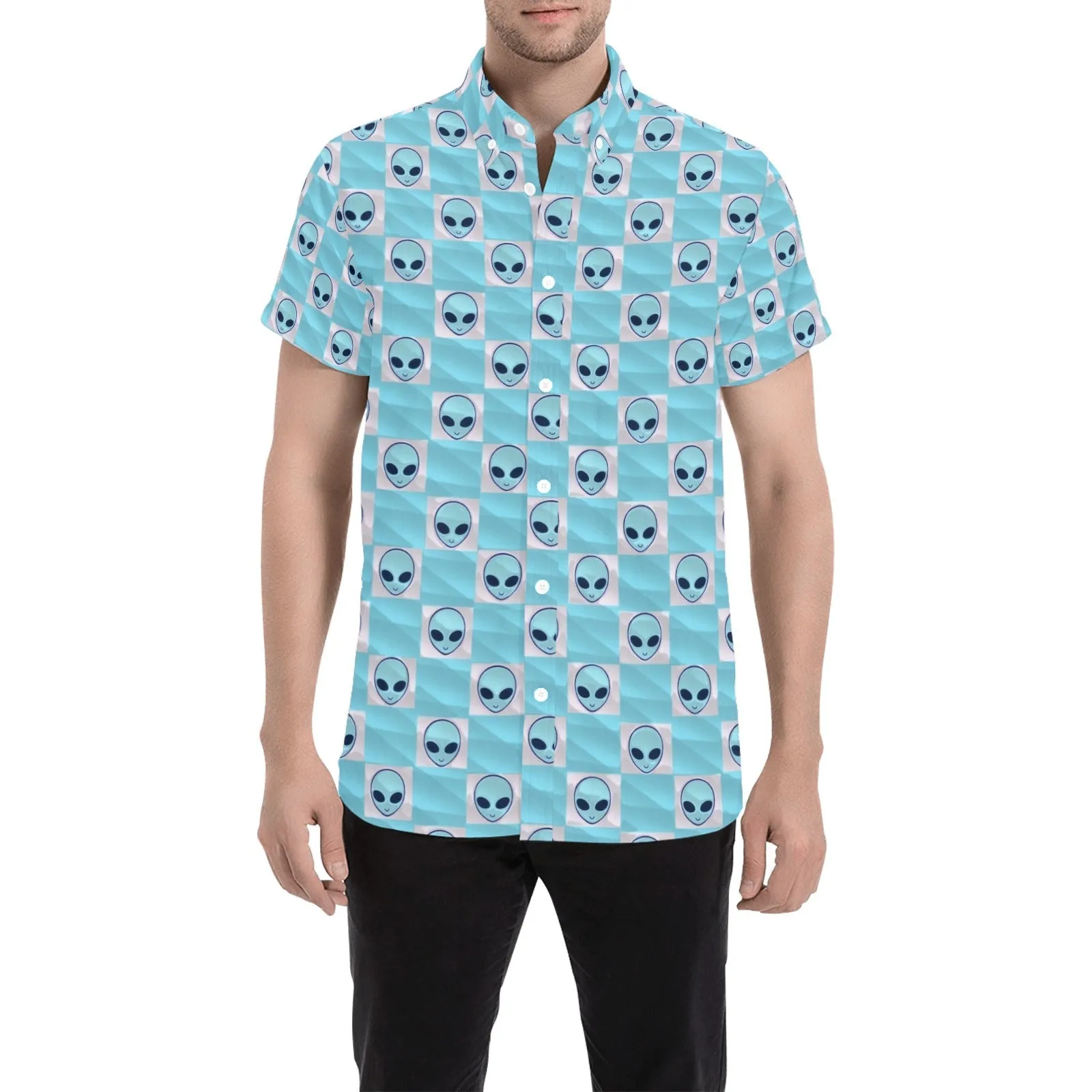 Light Blue Alien Checkered Print Men's Big & Tall Short Sleeve Button Up Shirt