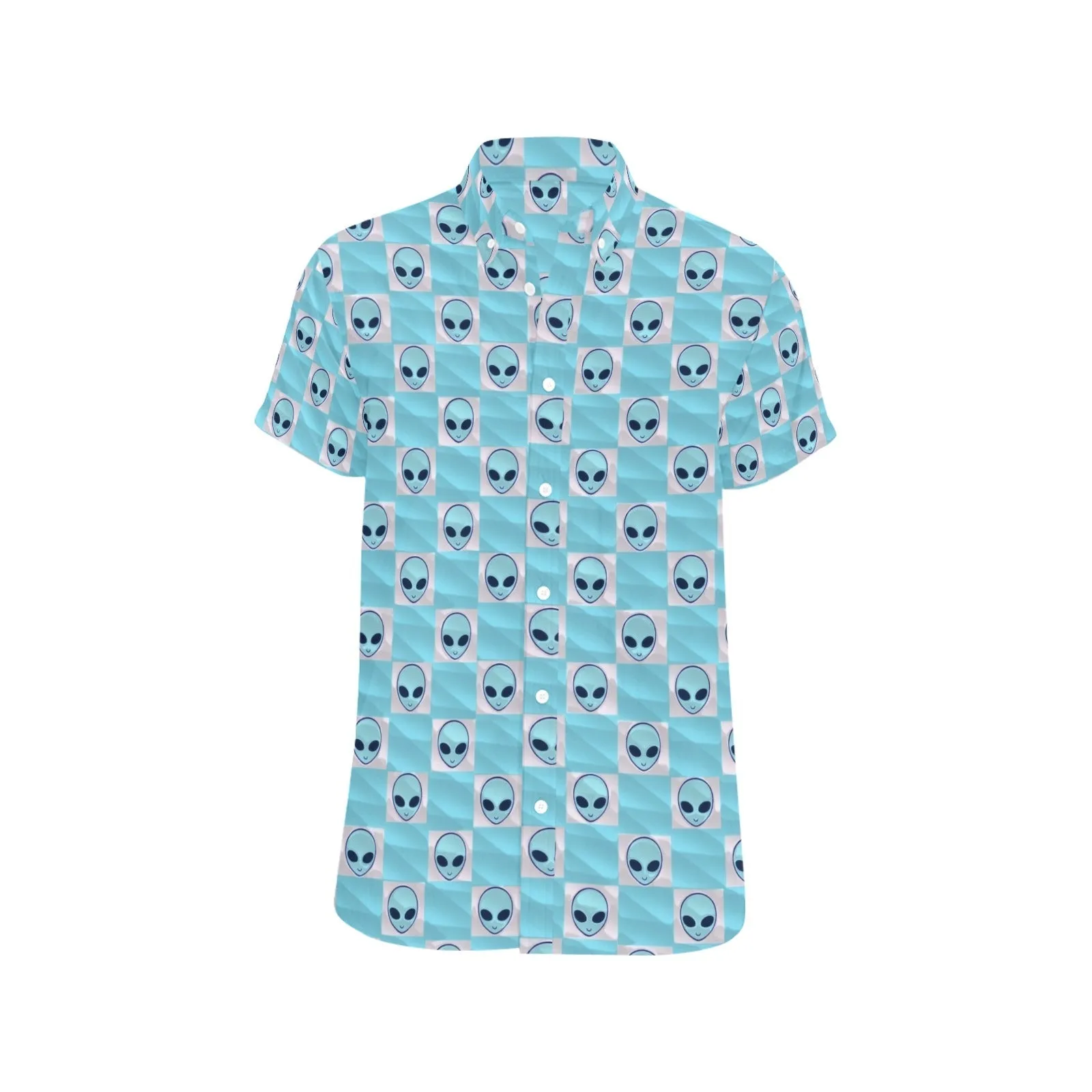 Light Blue Alien Checkered Print Men's Big & Tall Short Sleeve Button Up Shirt