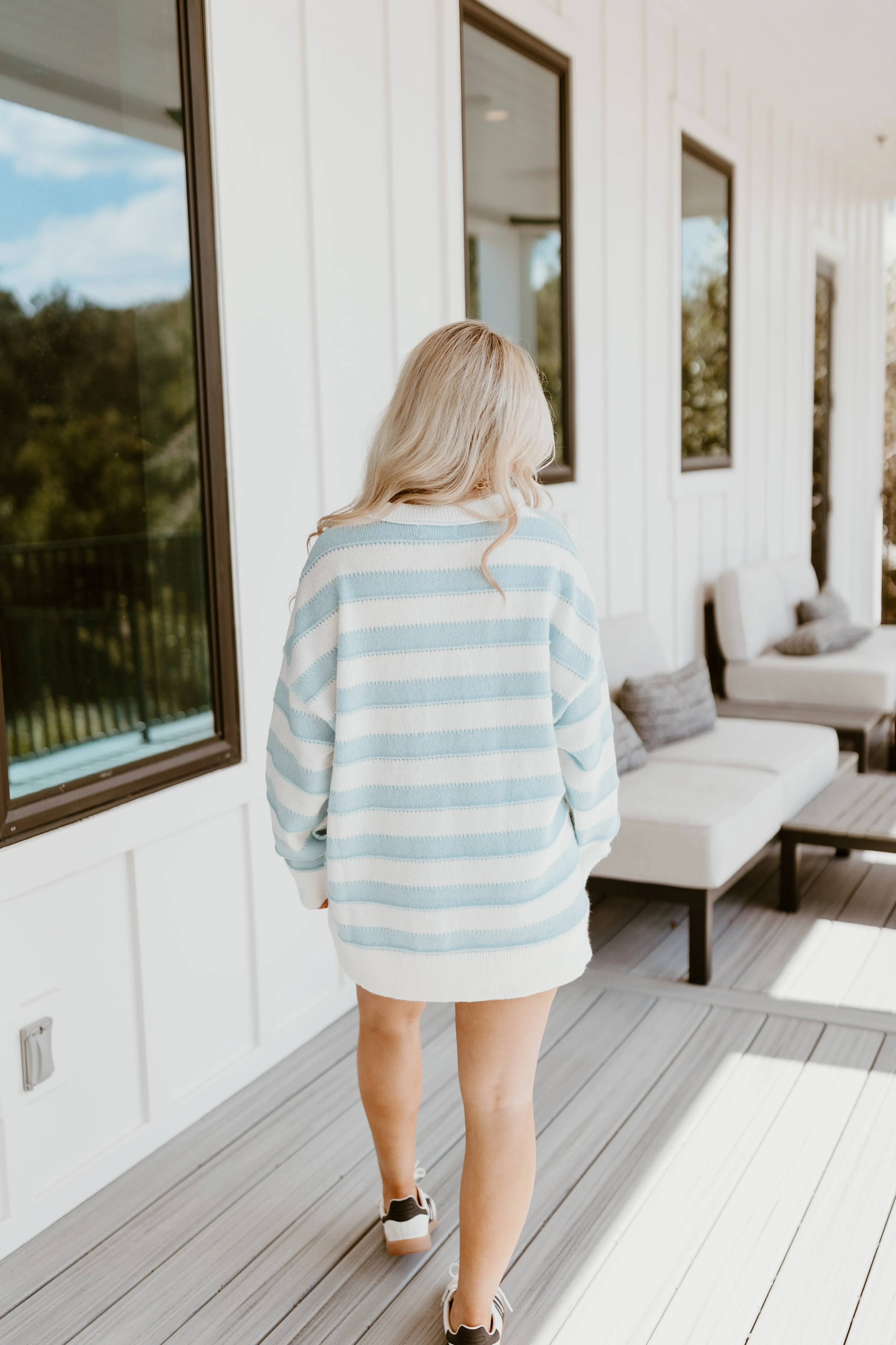 Light Blue and White Striped Oversized Sweater