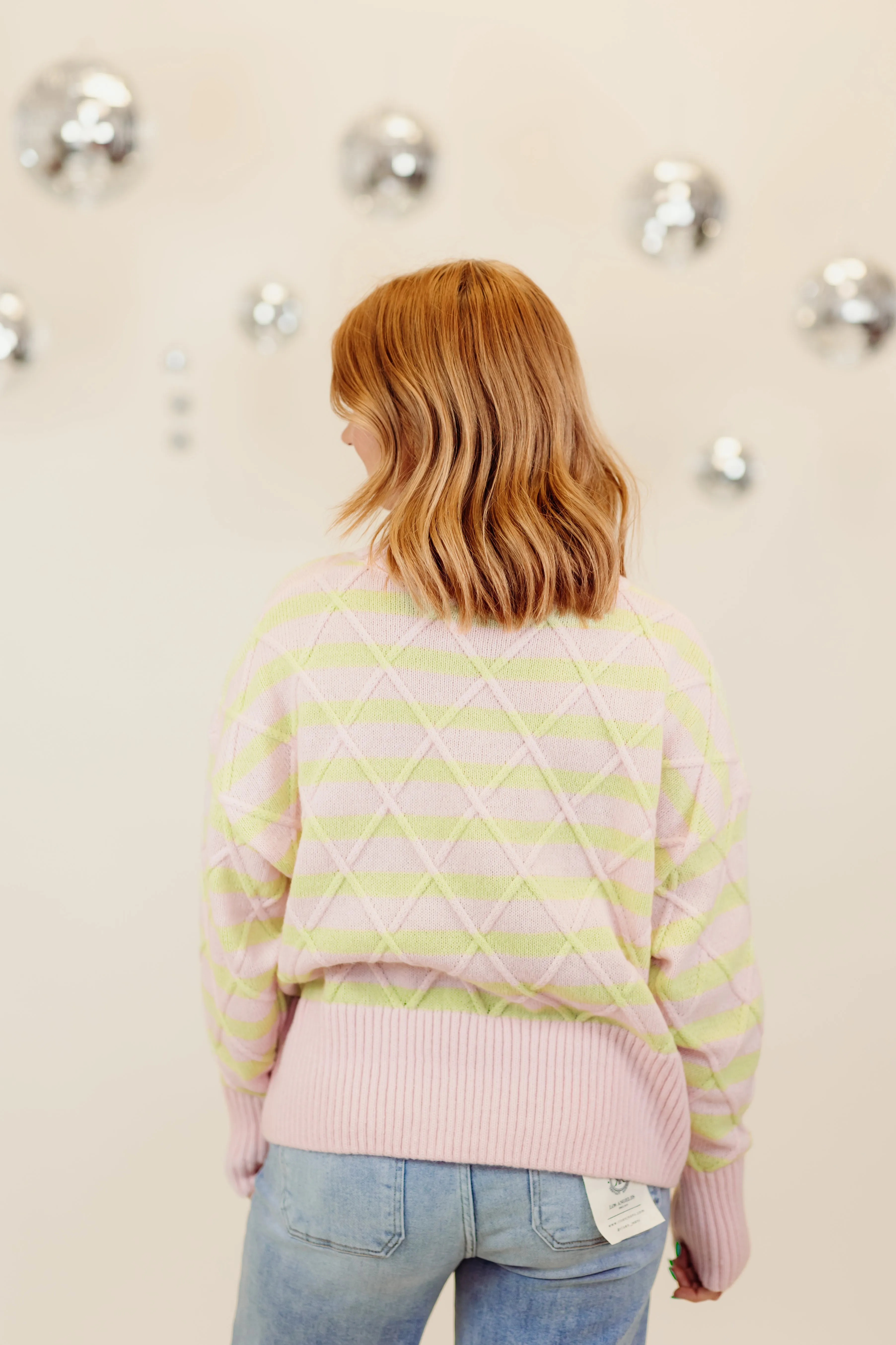 Light Green and Blush Cable Knit Striped Sweater