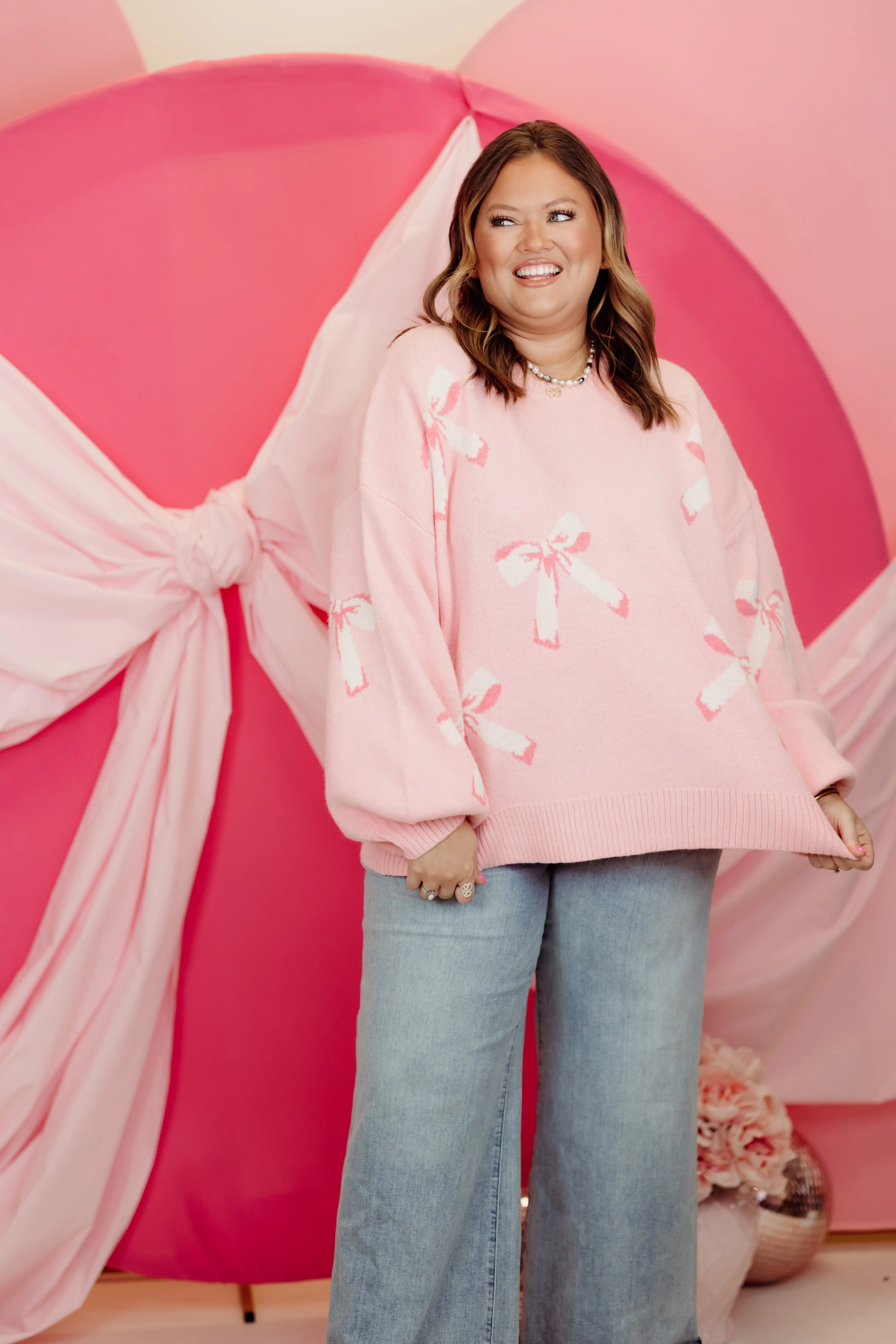 Light Pink Balloon Sleeve Bow Sweater