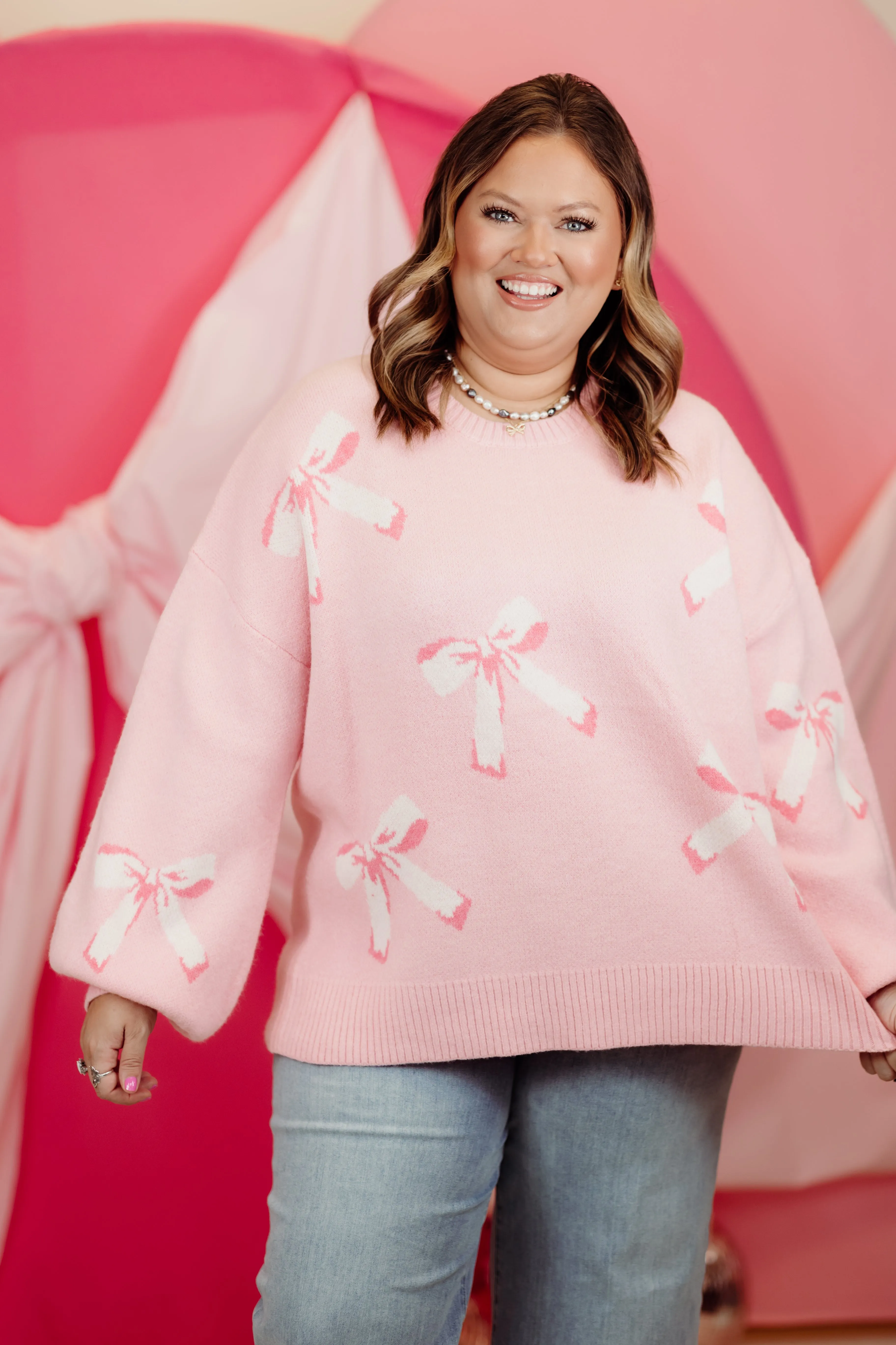 Light Pink Balloon Sleeve Bow Sweater