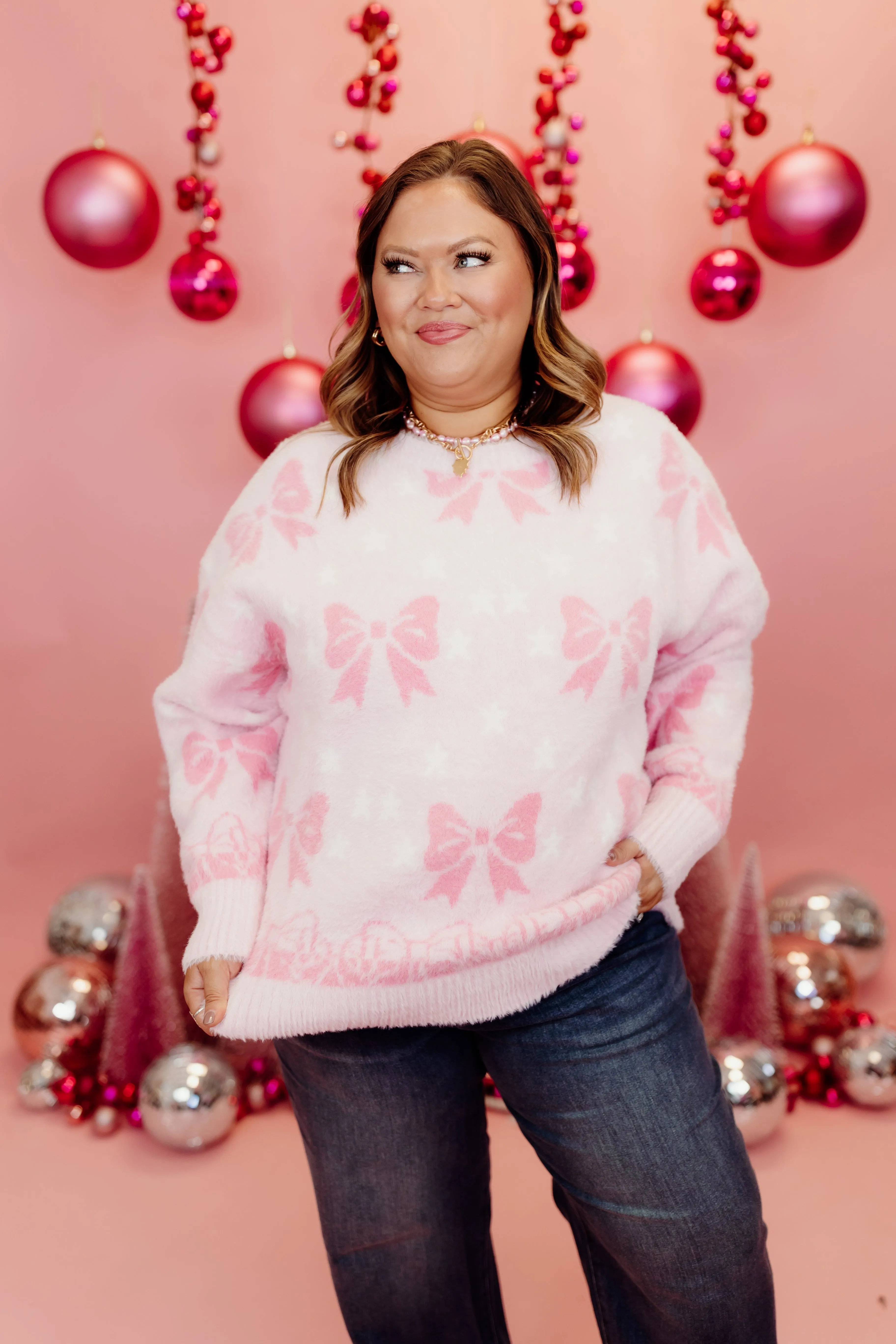 Light Pink Bow Detail Mohair Sweater