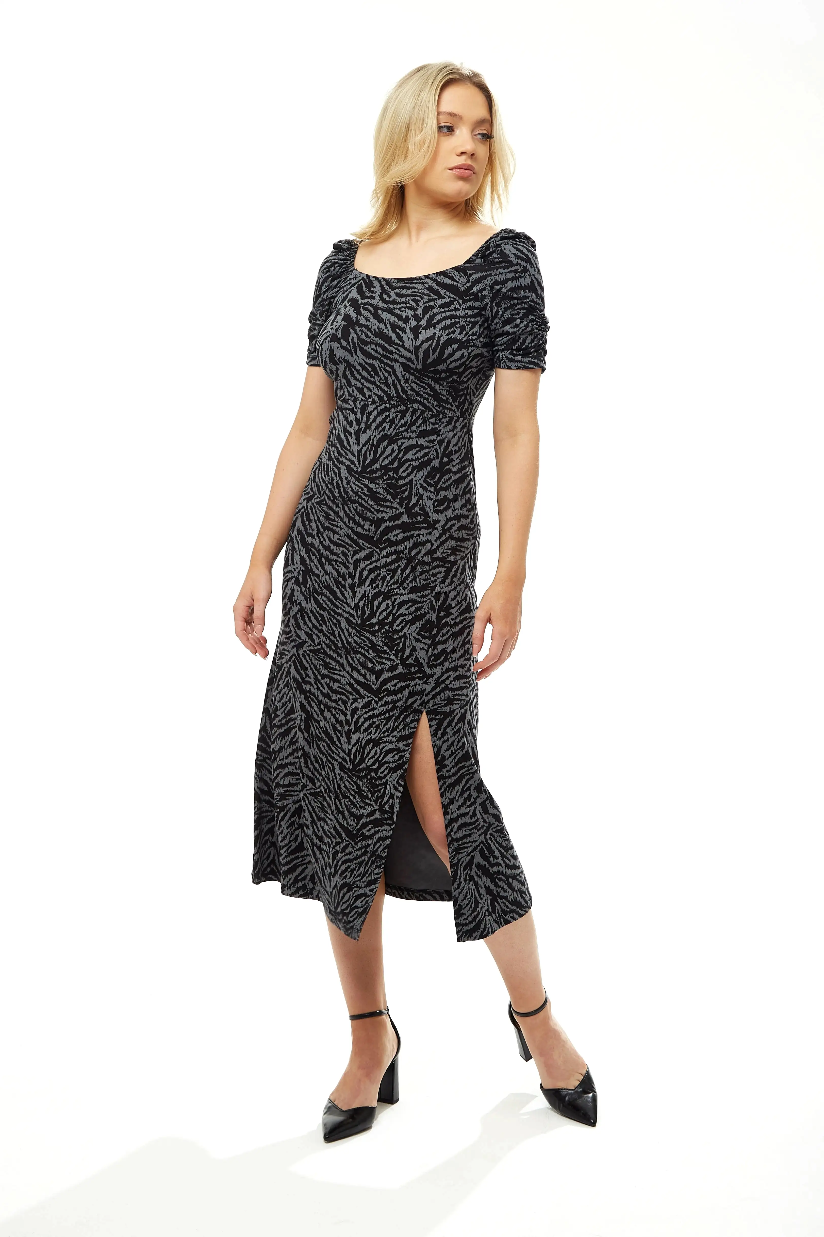 Liquorish Fitted Midi Dress In Black And Grey Zebra Print