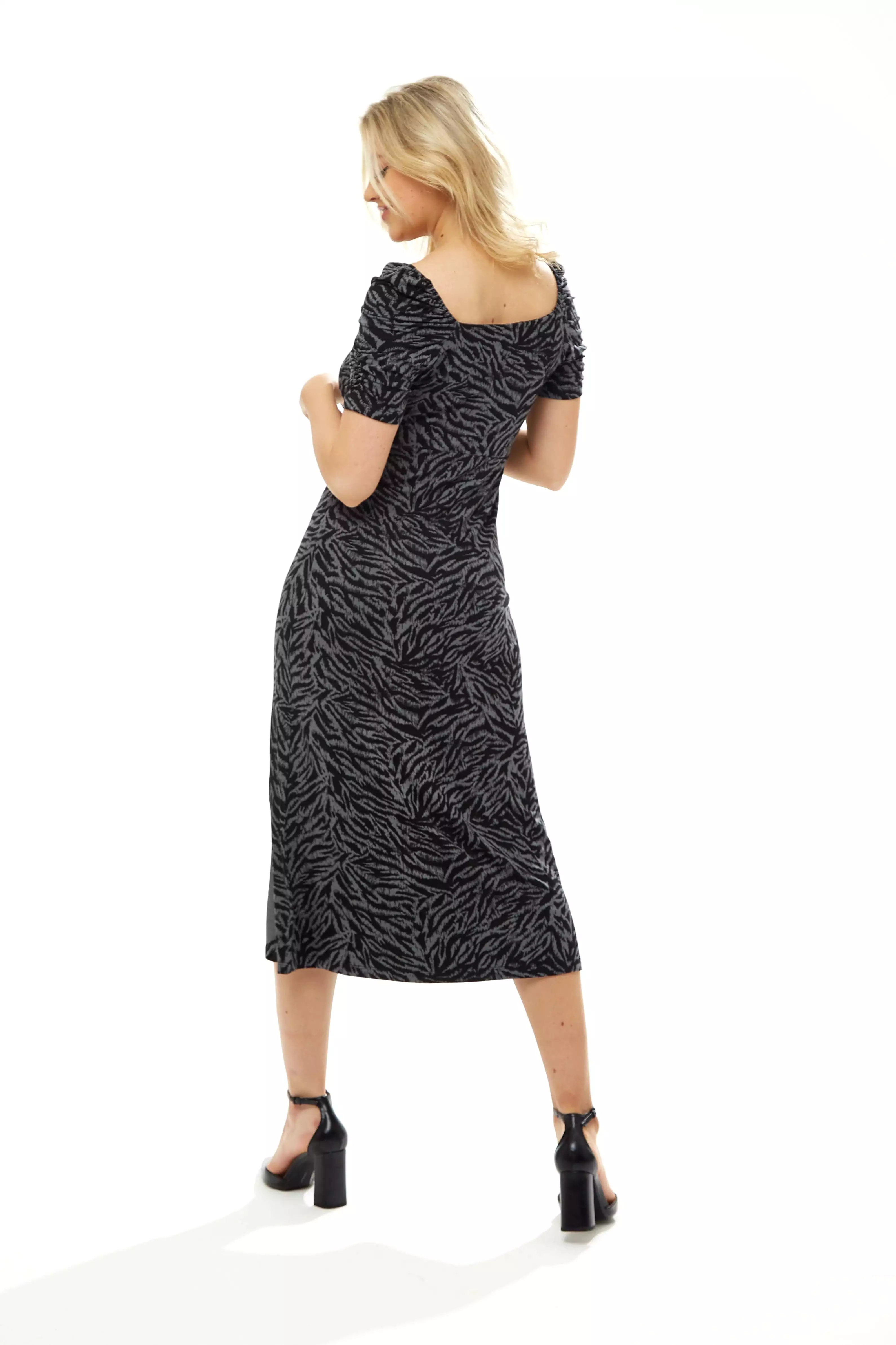 Liquorish Fitted Midi Dress In Black And Grey Zebra Print