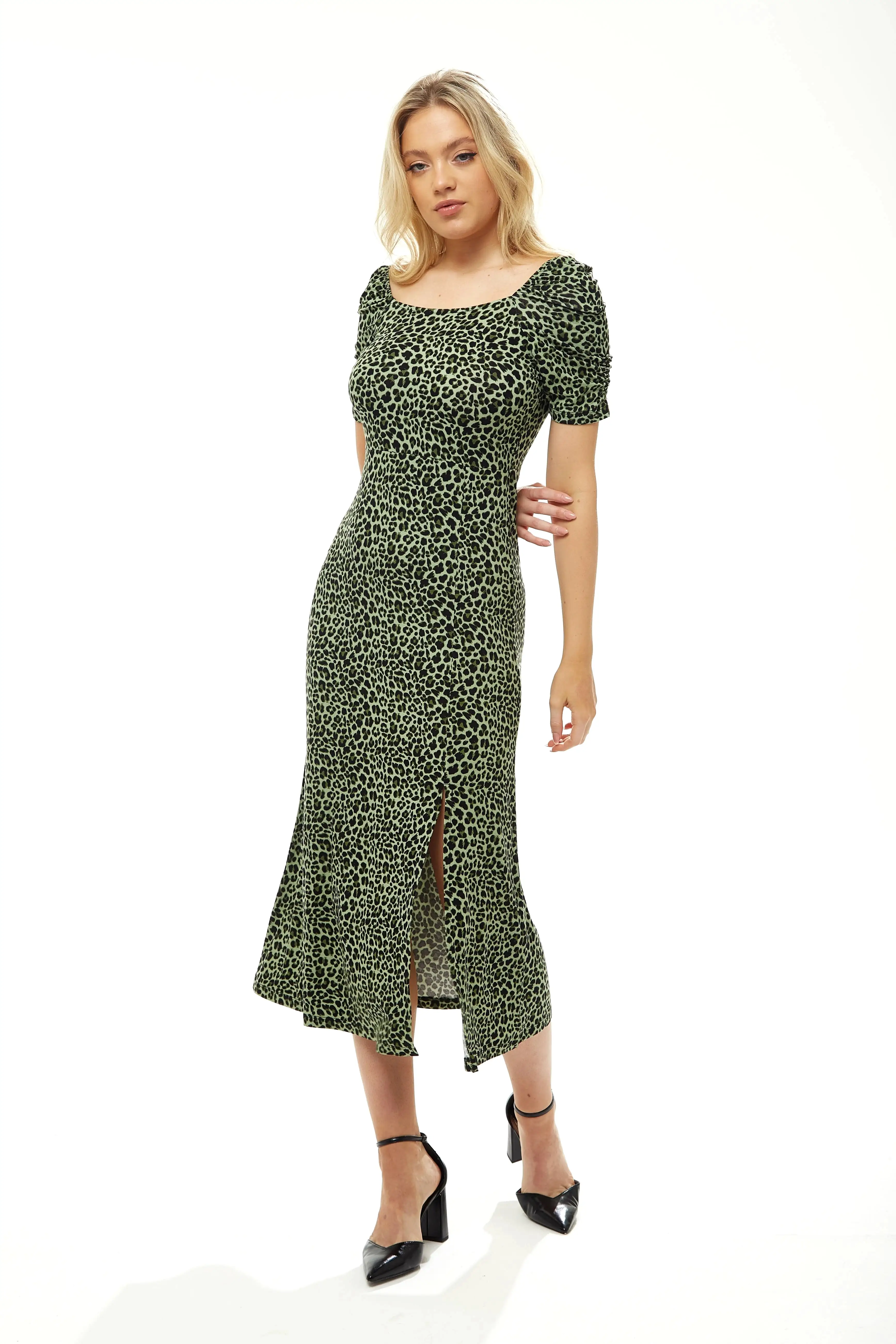 Liquorish Fitted Midi Dress In Khaki Animal Print