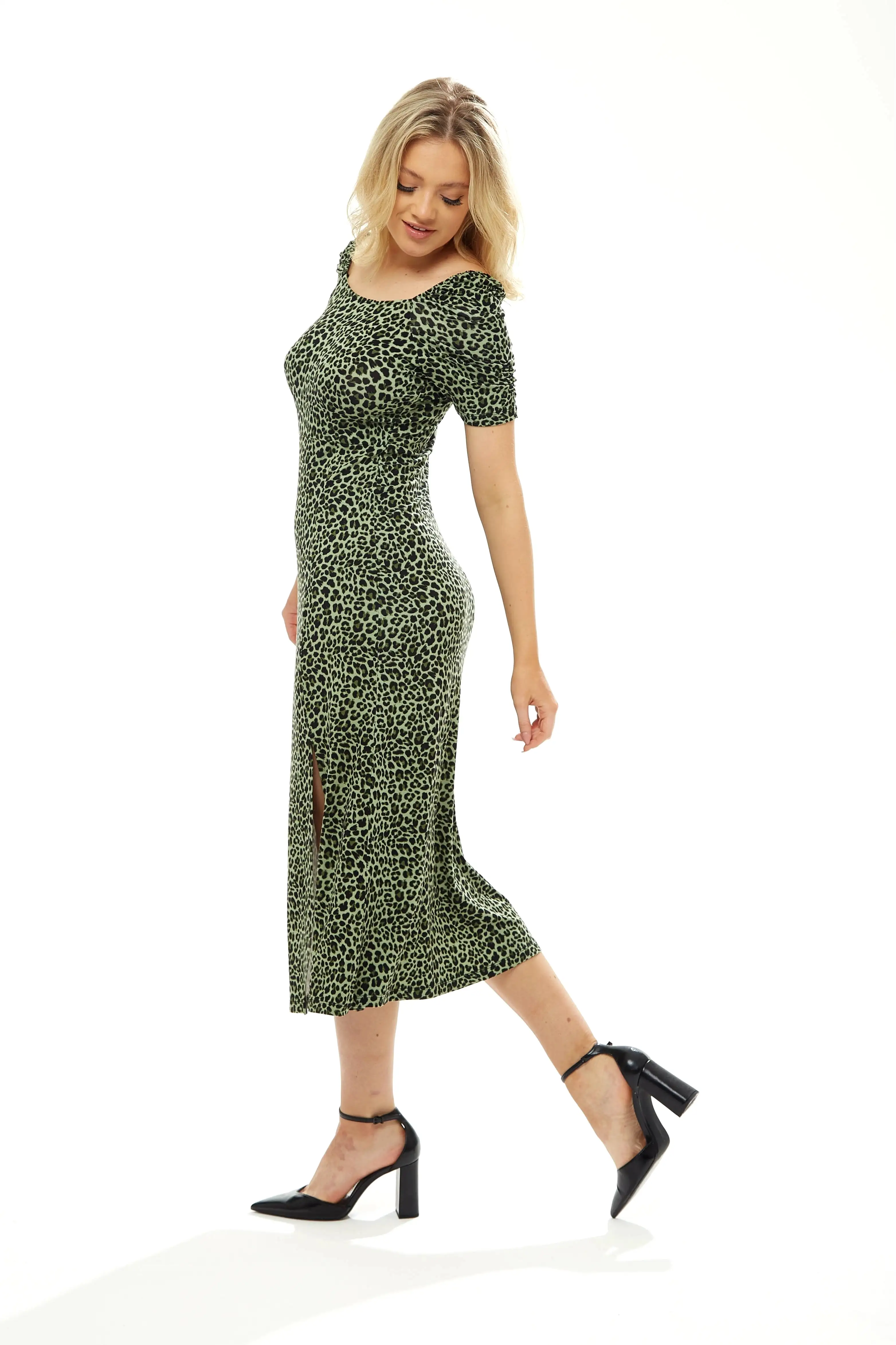 Liquorish Fitted Midi Dress In Khaki Animal Print